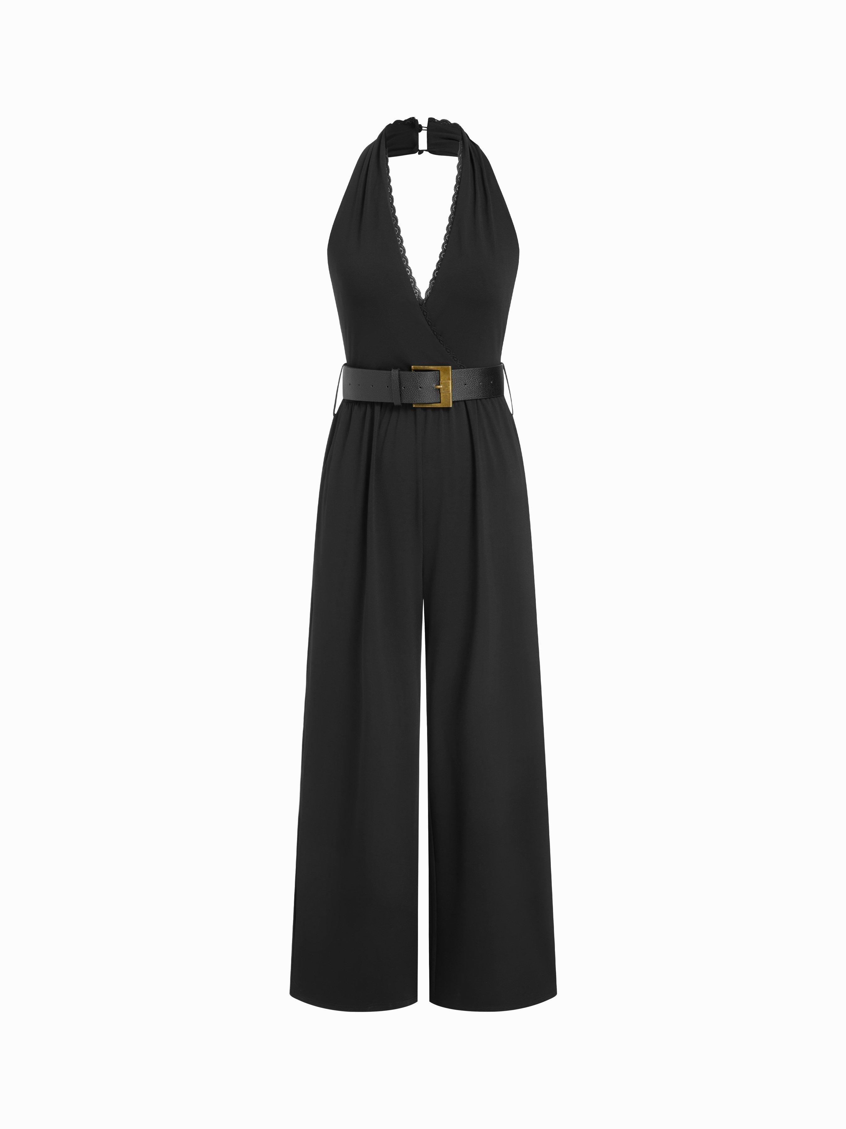 Halter Neckline Lace Trim Wide Leg Jumpsuit With Belt by CIDER