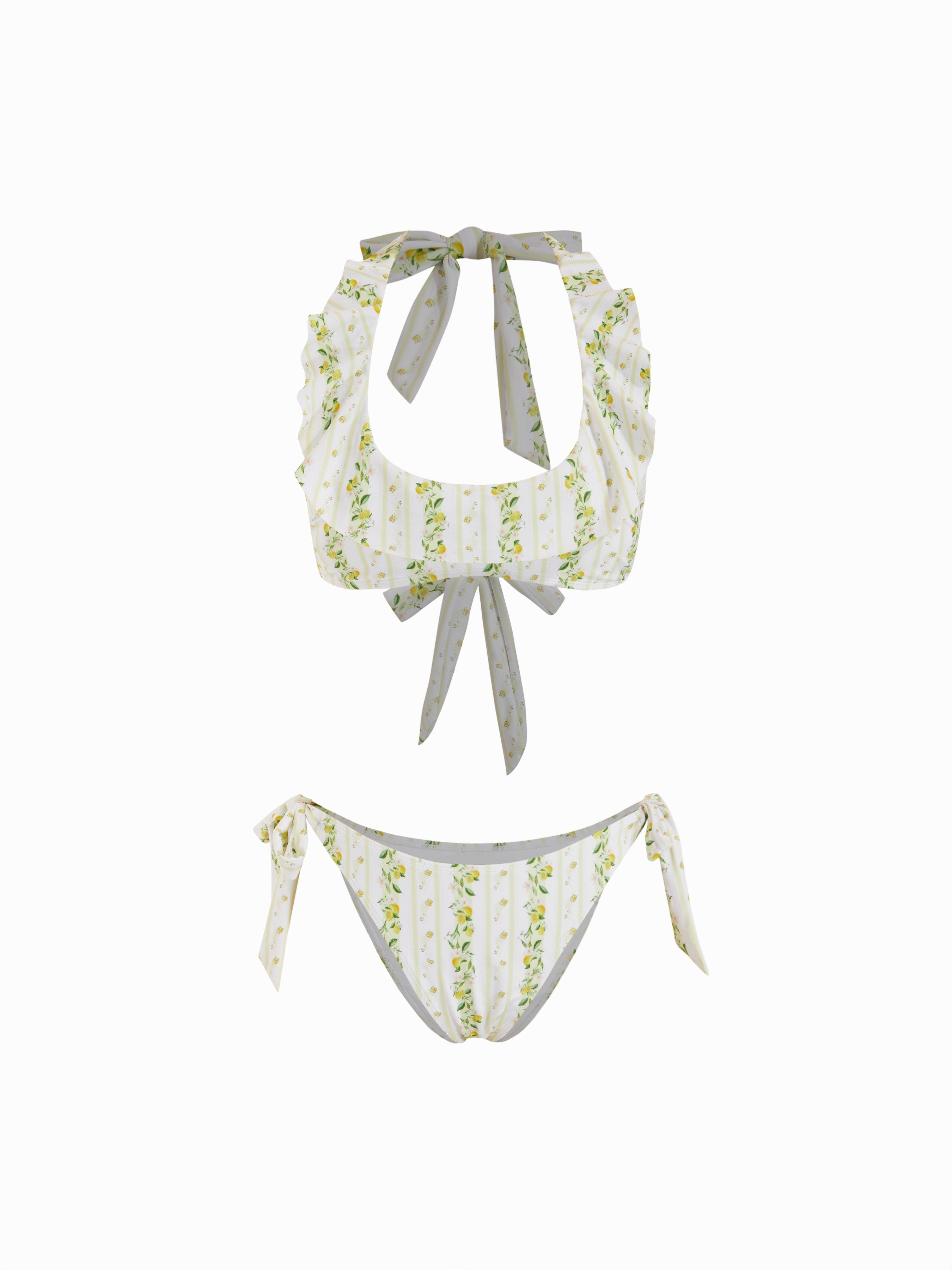 Halter Neckline Lemon Stripe Graphic Ruffle Halter Low Rise Bikini Set by CIDER