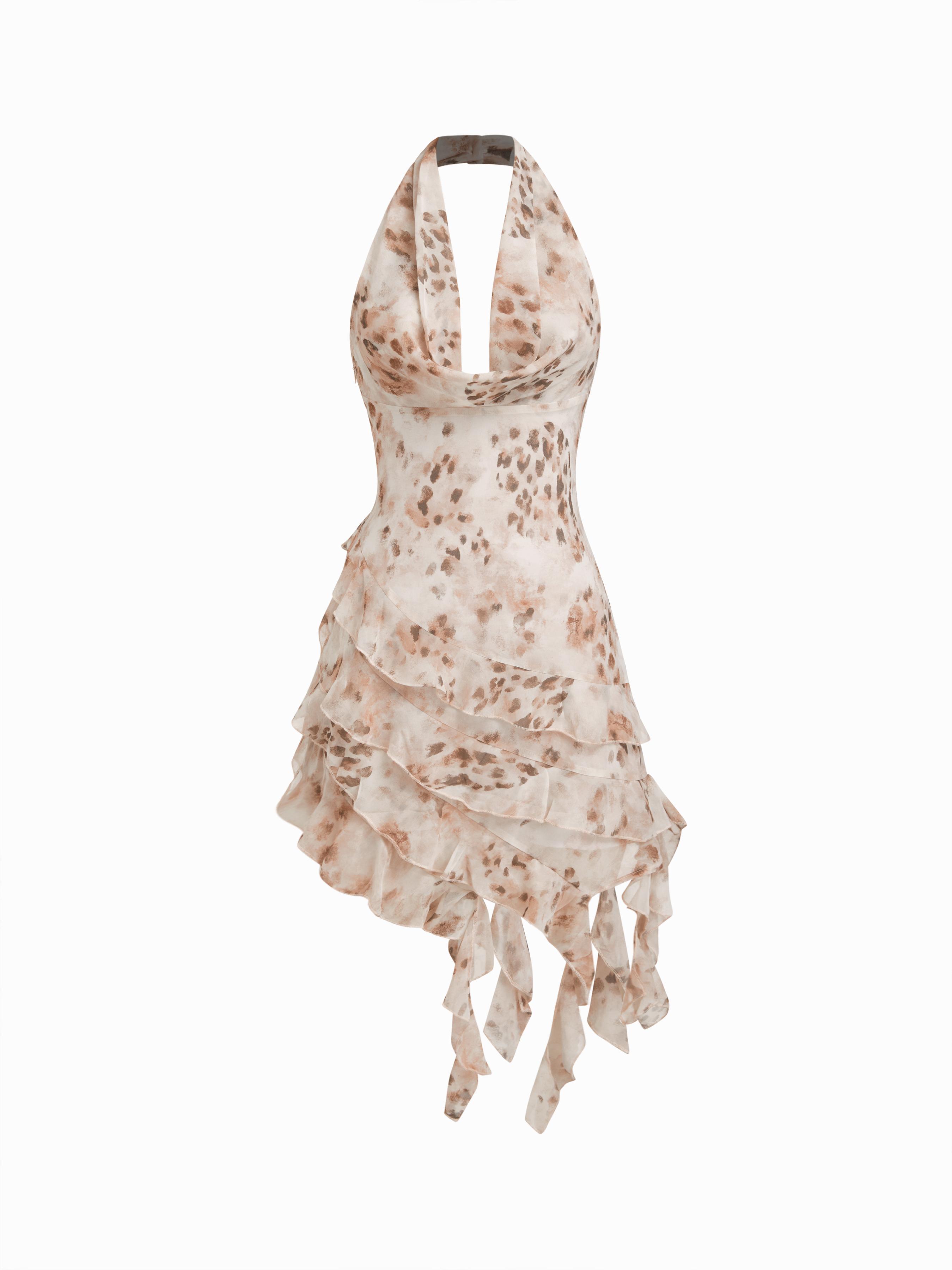Halter Neckline Leopard Layered Asymmetrical Ruffle Hem Mini Dress by CIDER