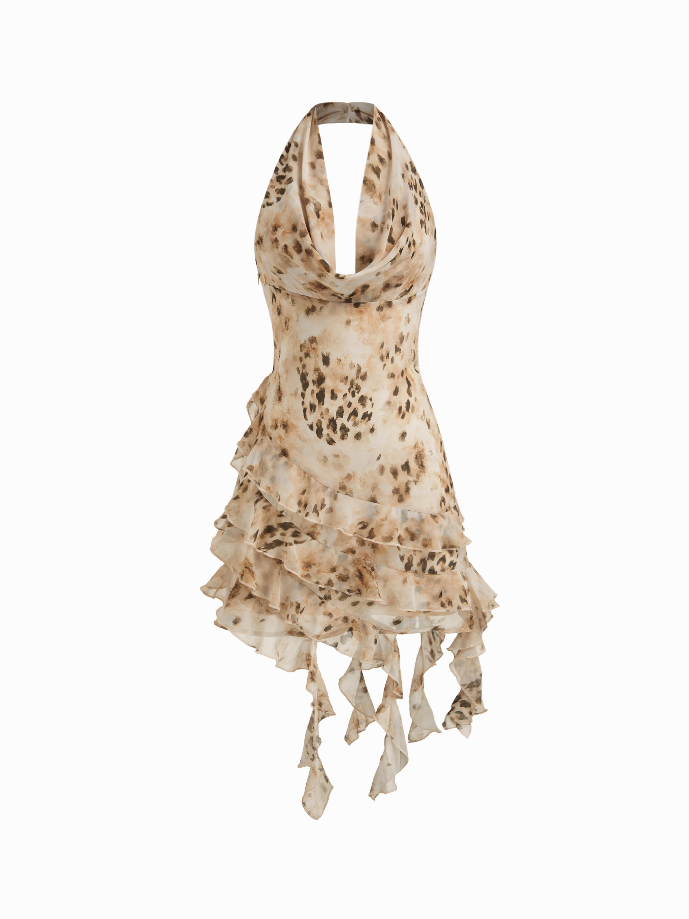 Halter Neckline Leopard Layered Asymmetrical Ruffle Hem Mini Dress by CIDER