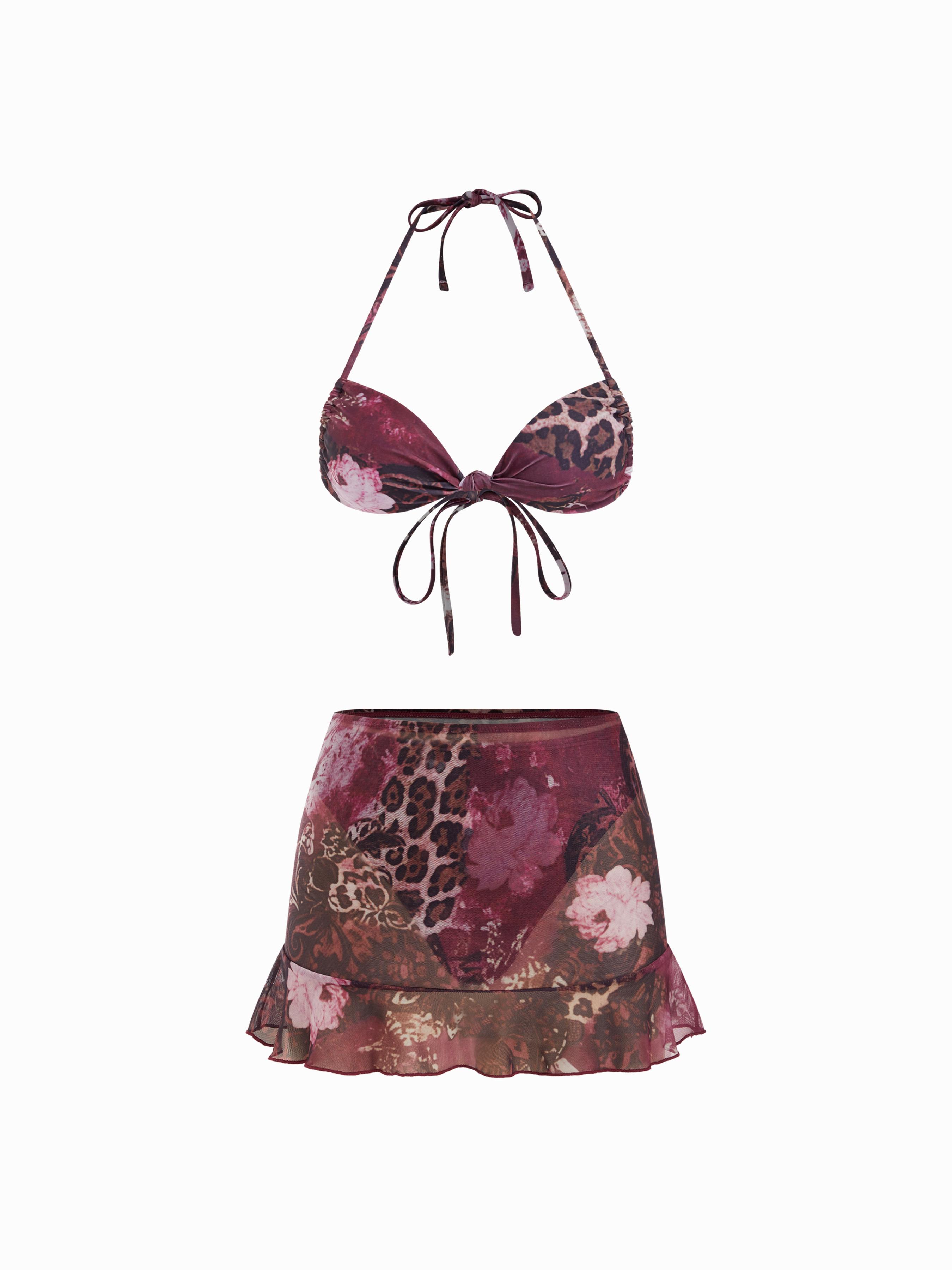 Halter Neckline Leopard & Floral Graphic Knotted Bikini Set With Ruffled Skirt by CIDER