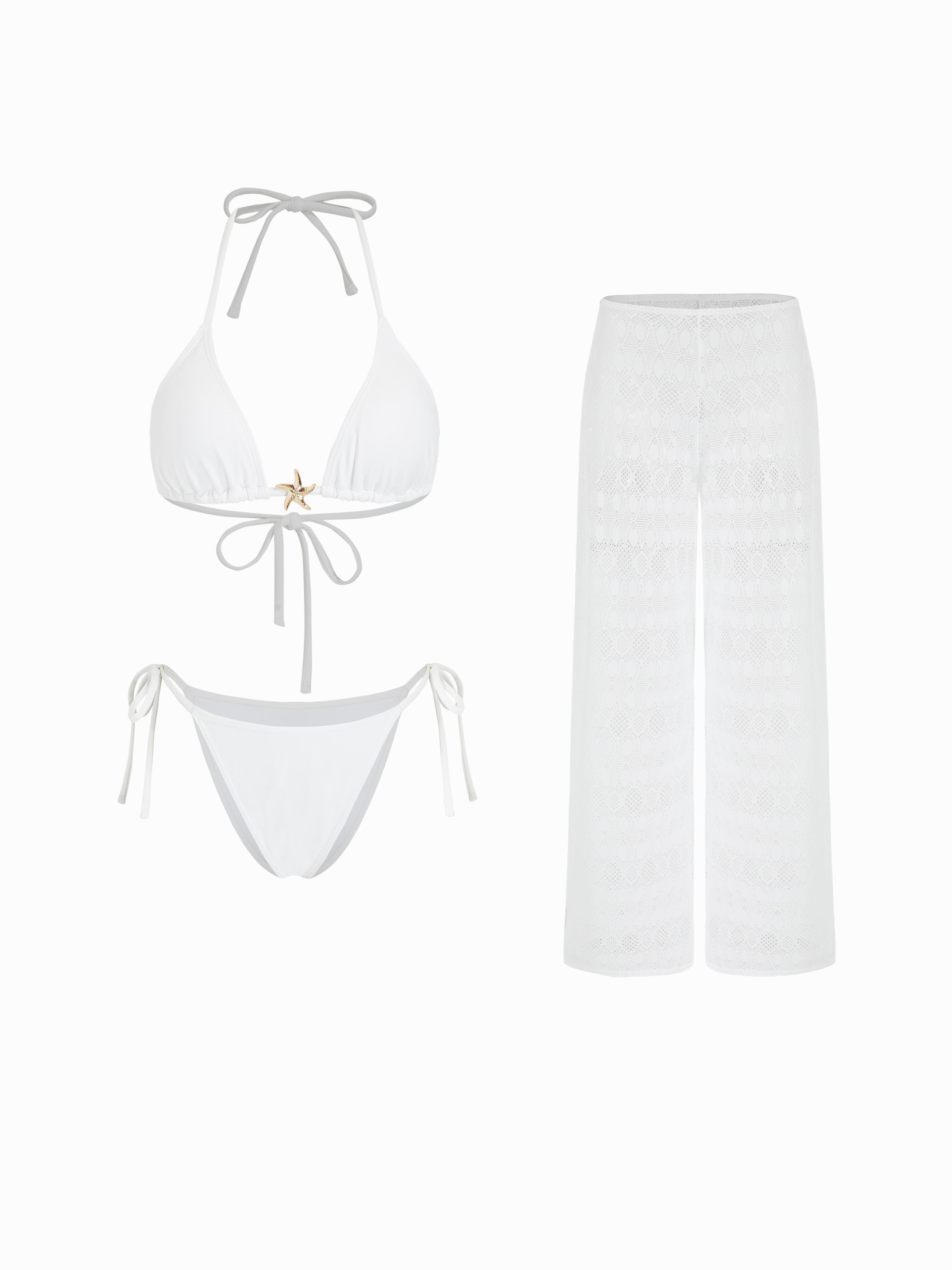 Halter Neckline Metal Detail Tie Side Bikini Set With Cover Up Pants by CIDER
