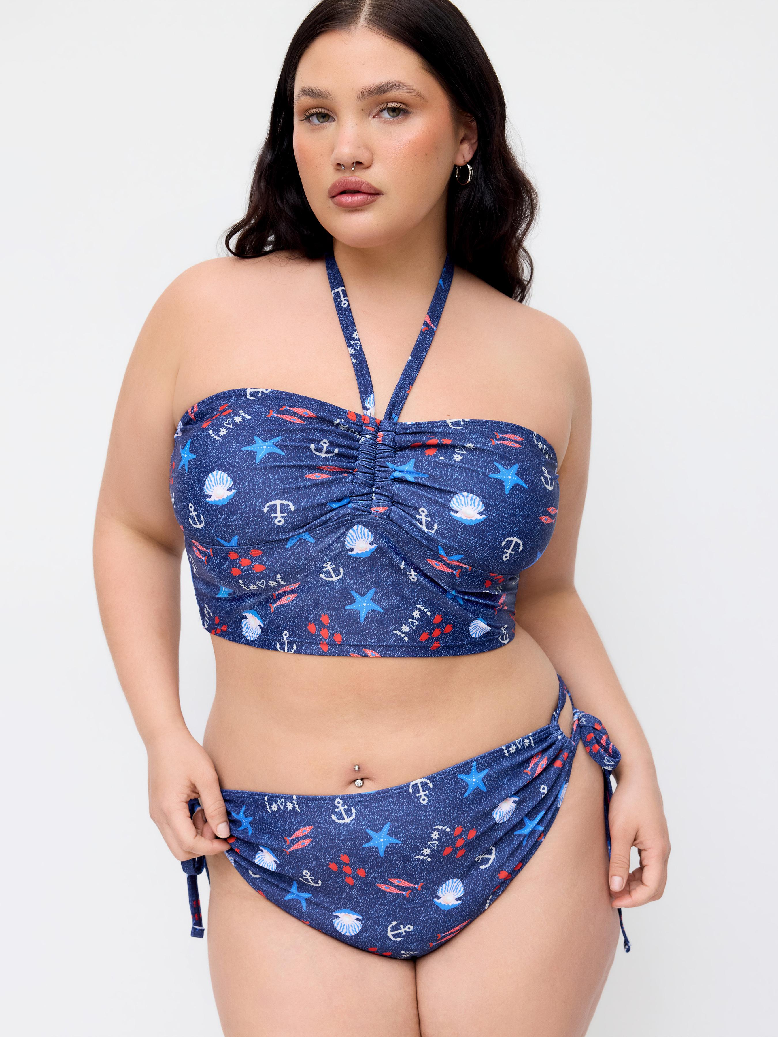 Halter Neckline Nautical Graphic Ruched Tankini & Mid Rise Full Coverage Bikini Bottom Set Curve & Plus by CIDER