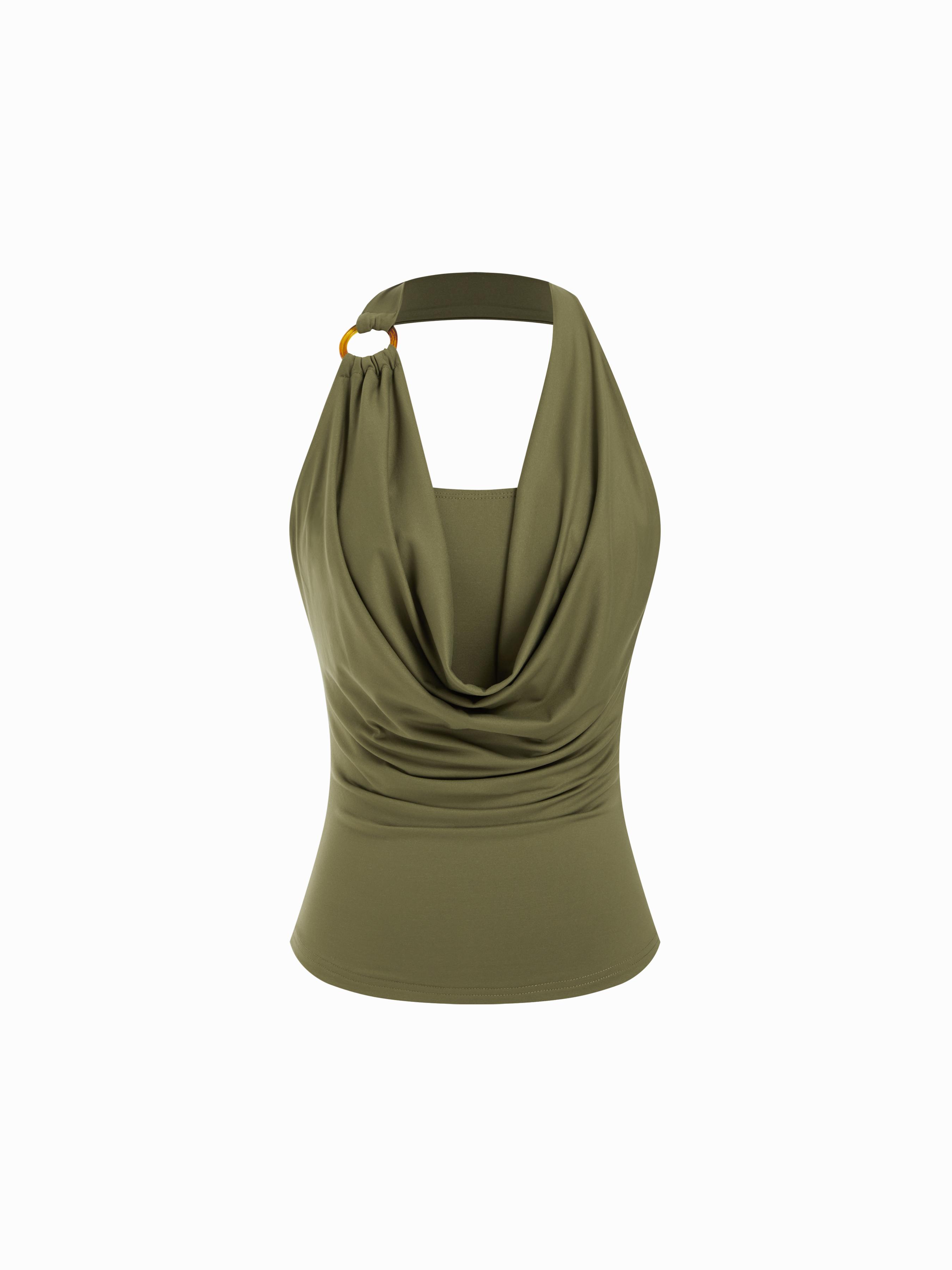 Halter Neckline O-Ring Ruched Draped Top by CIDER