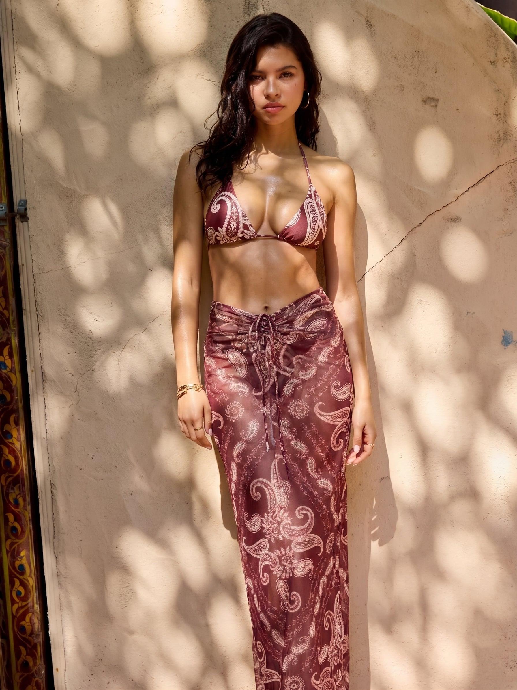Halter Neckline Paisley Triangle Low Rise Bikini Set With Sarong by CIDER