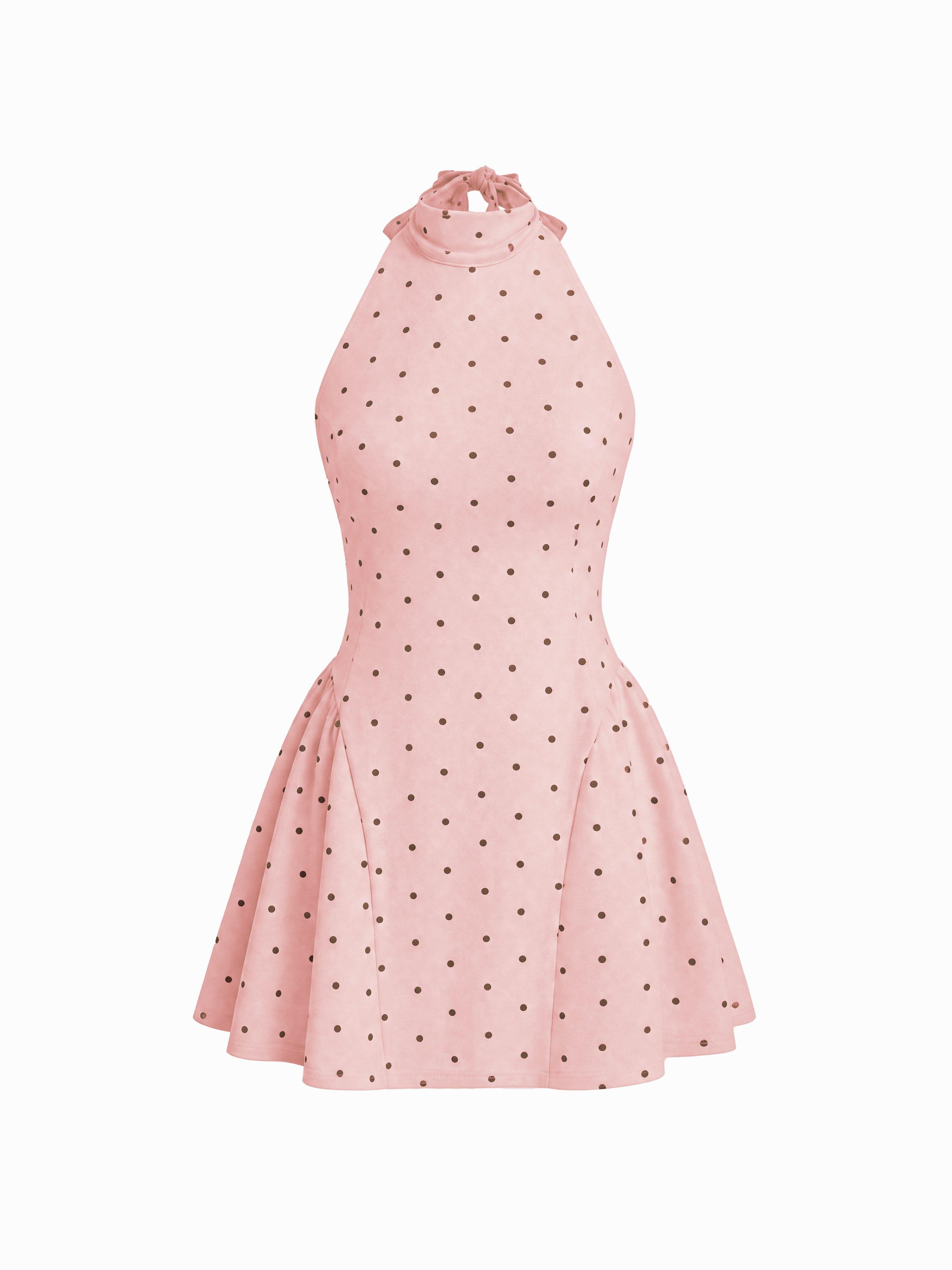 Halter Neckline Polka Dot Backless Ruffle Mini Dress by CIDER