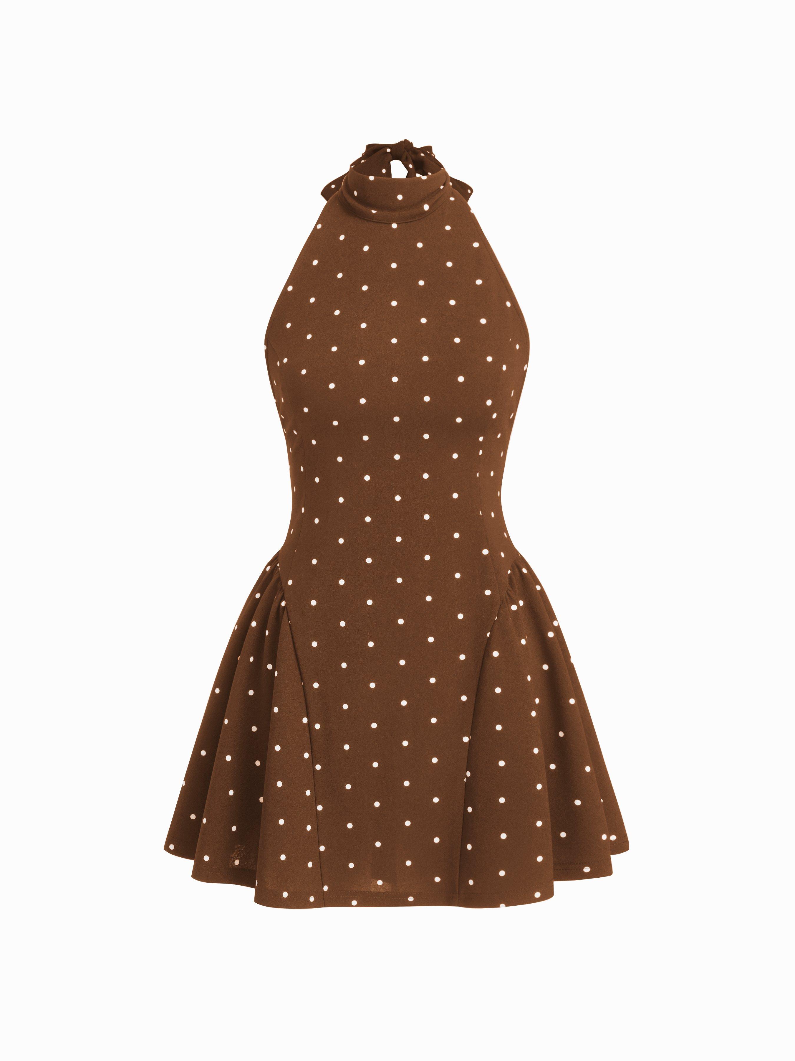 Halter Neckline Polka Dot Backless Ruffle Mini Dress by CIDER