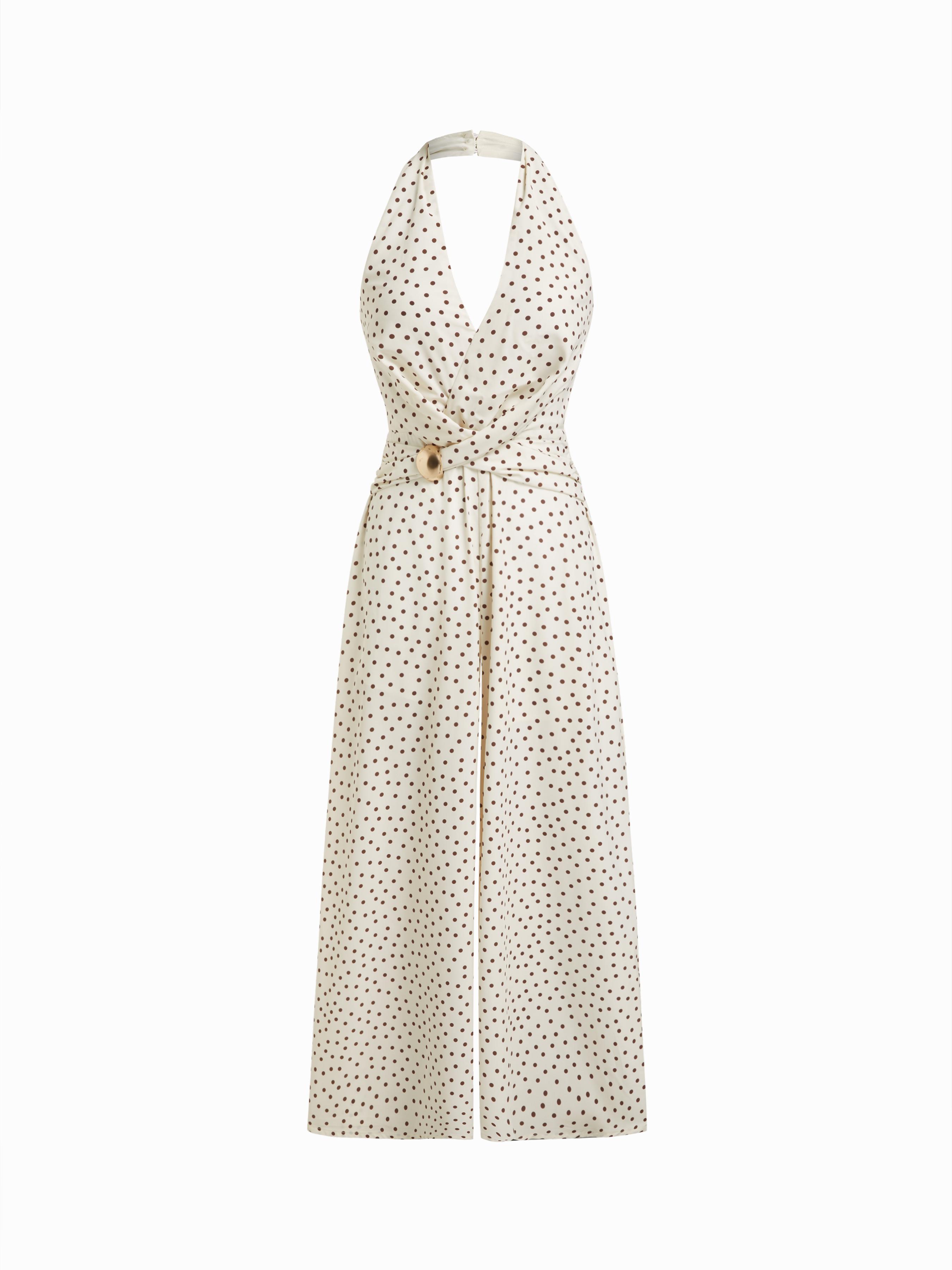 Halter Neckline Polka Dot Ruched Metal Detail Wide Leg Jumpsuit by CIDER