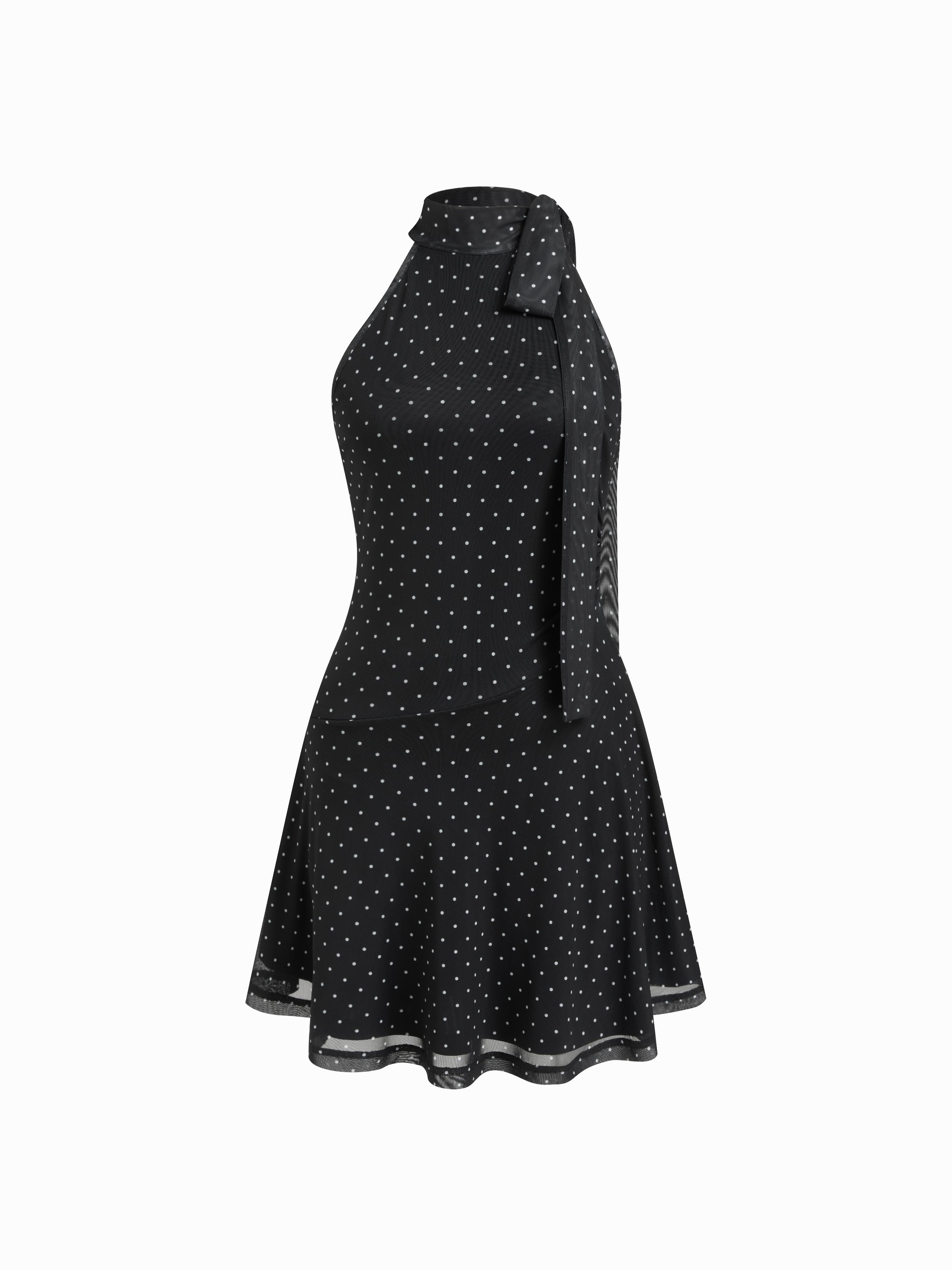 Halter Neckline Polka Dot Ruched Ruffle Mini Dress by CIDER