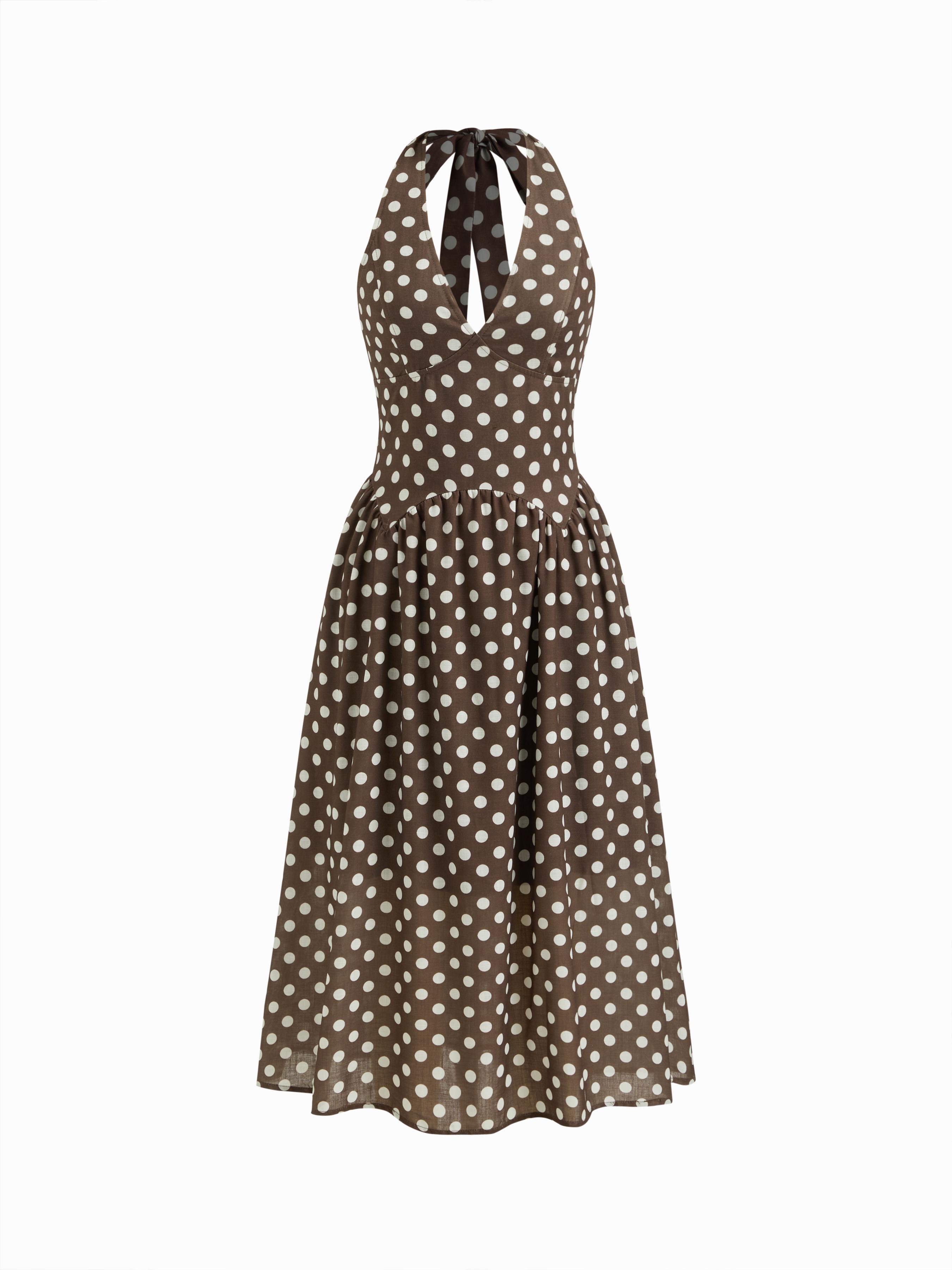 Halter Neckline Polka Dot Shirred Midi Dress by CIDER