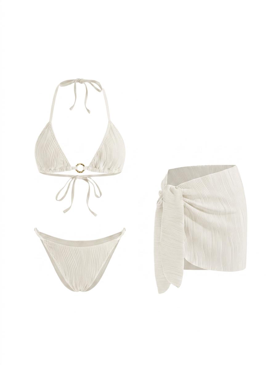 Halter Neckline Ring Linked Triangle Bikini Set With Sarong by CIDER