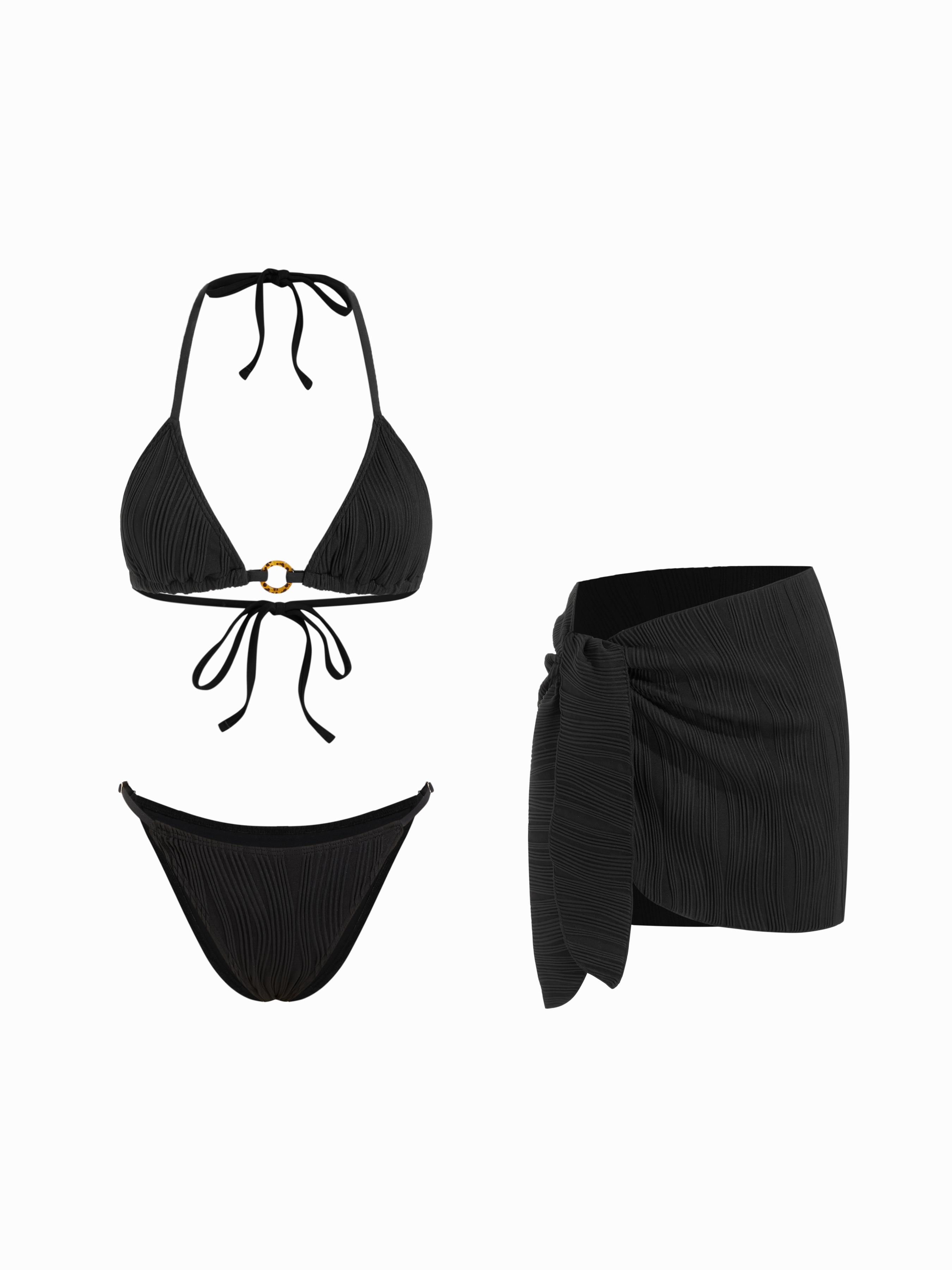 Halter Neckline Ring Linked Triangle Bikini Set With Sarong by CIDER