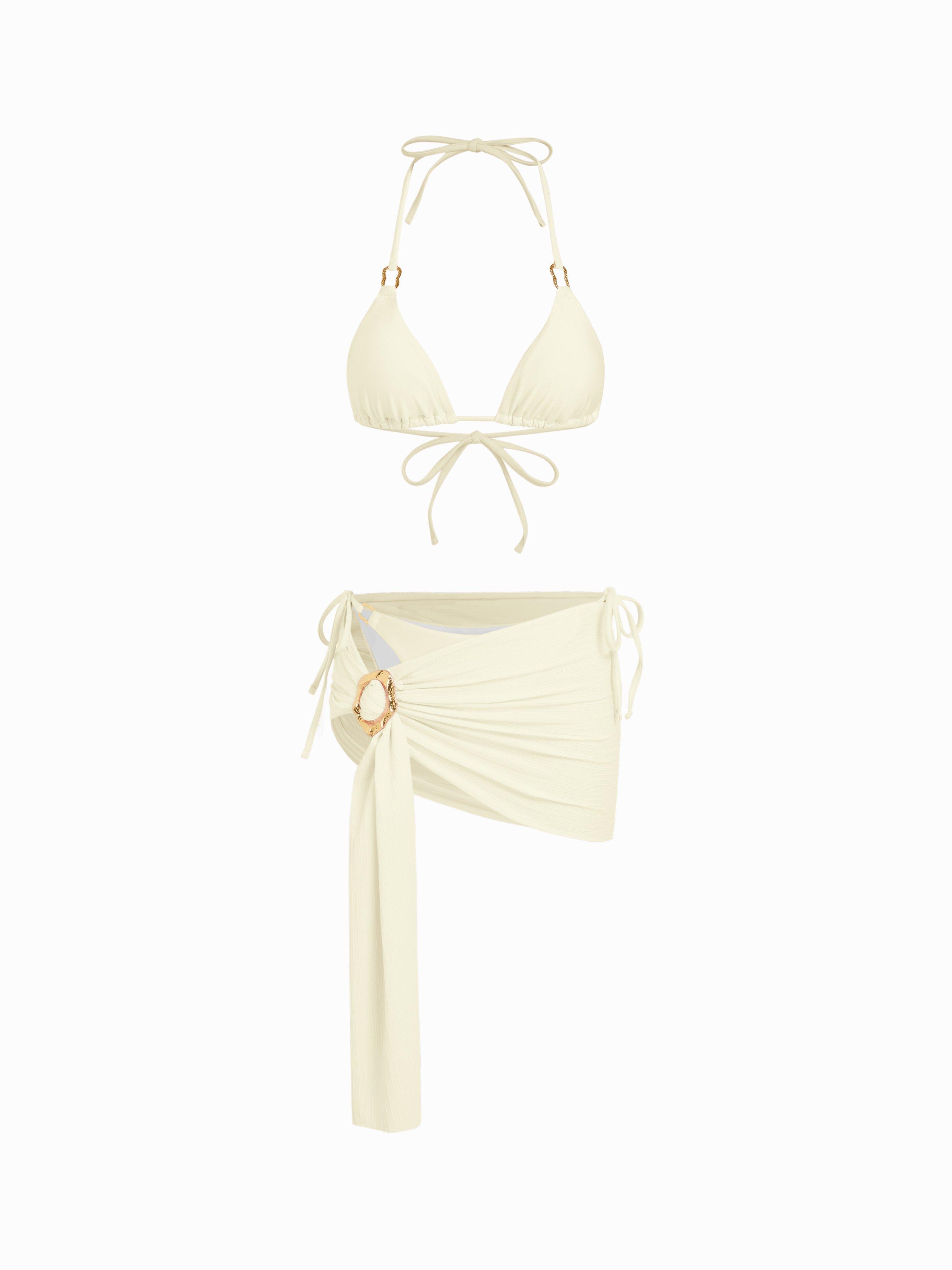 Halter Neckline Ring Linked Triangle Tie Side Bikini Set With Metal Ring Detail Sarong by CIDER