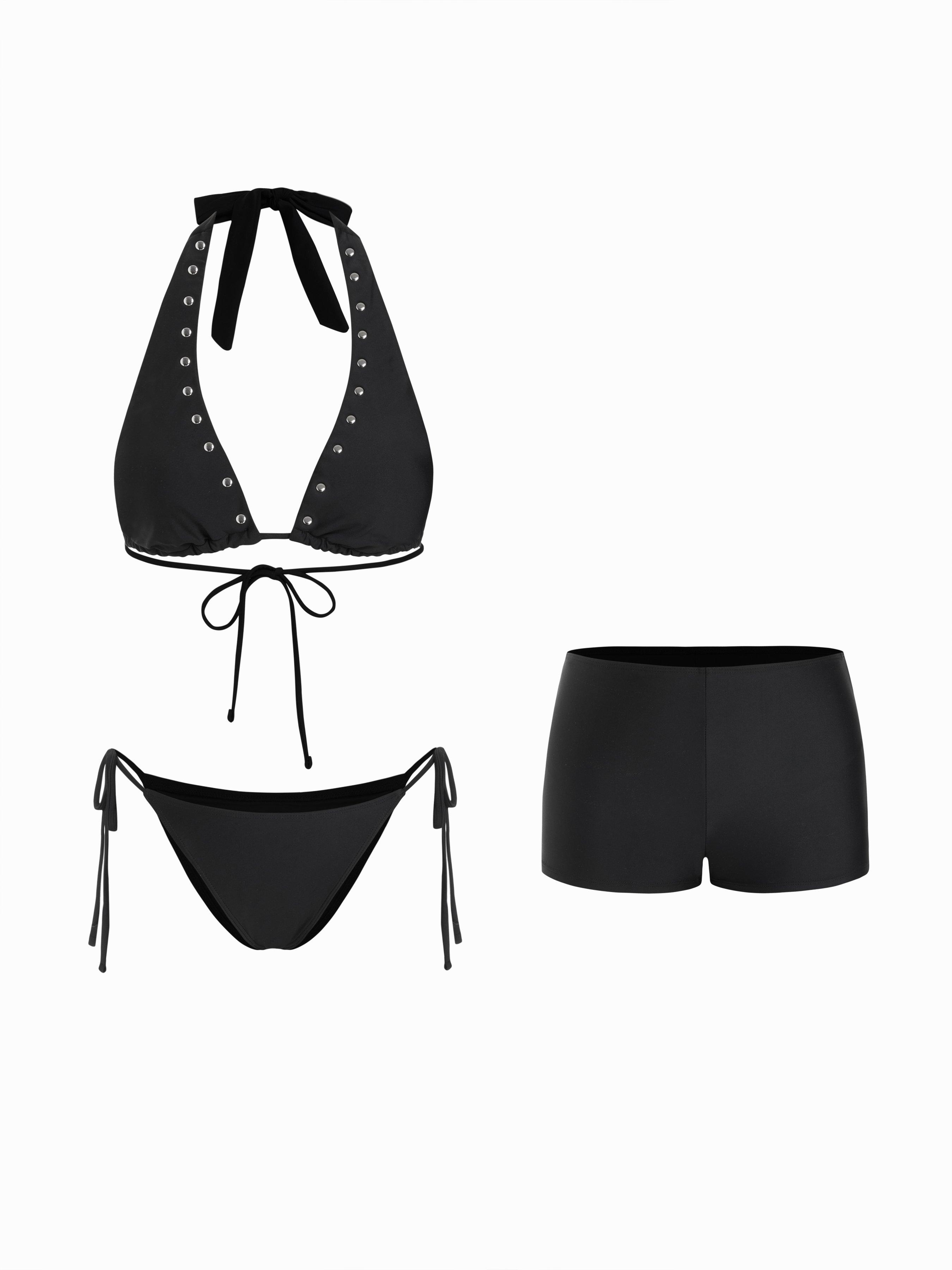 Halter Neckline Rivet Knotted 3 Piece Bikini Set With Shorts by CIDER