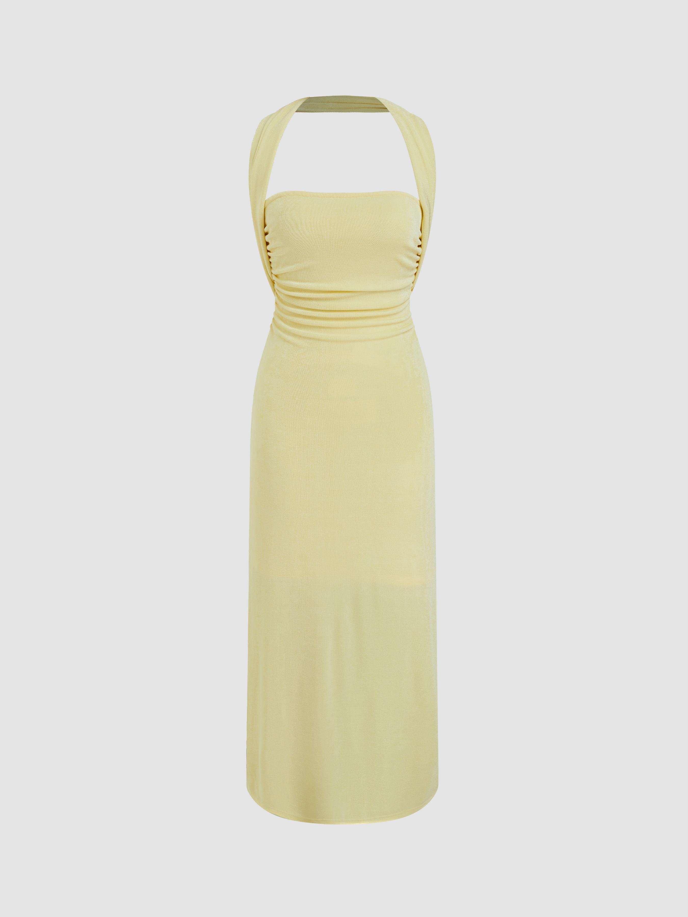 Halter Neckline Ruched Cut Out Back Maxi Dress by CIDER