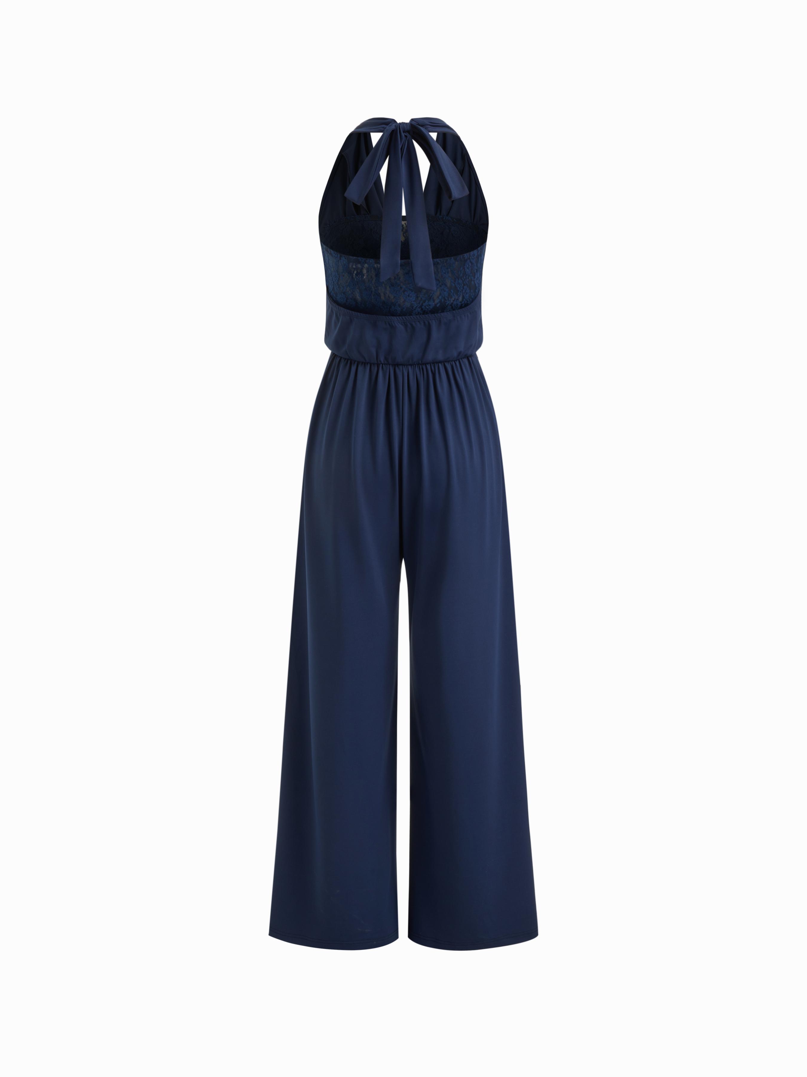 Halter Neckline Ruched Knotted Patched Lace Straight Leg Jumpsuit by CIDER