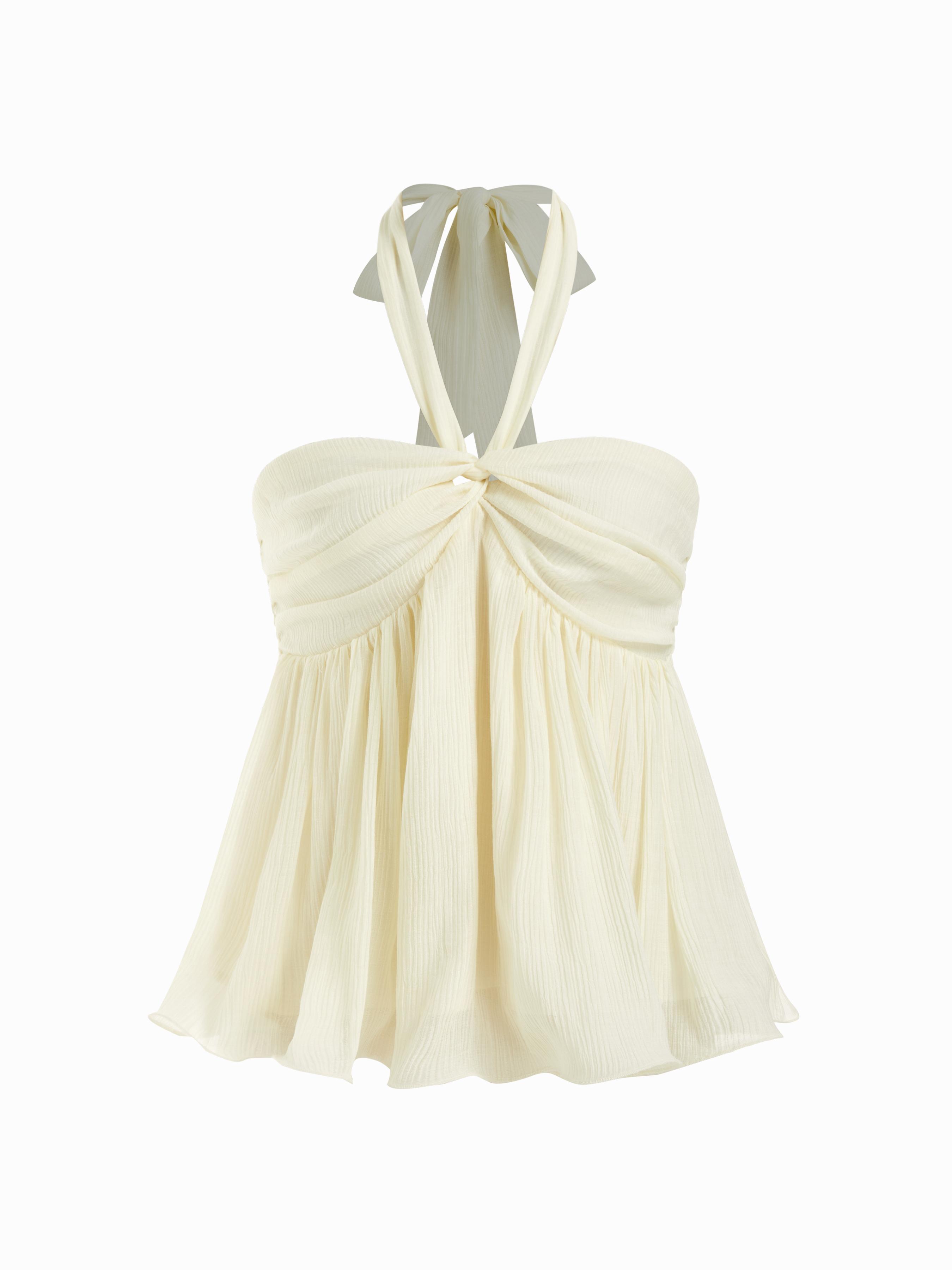 Halter Neckline Ruched Twist Knotted Blouse by CIDER