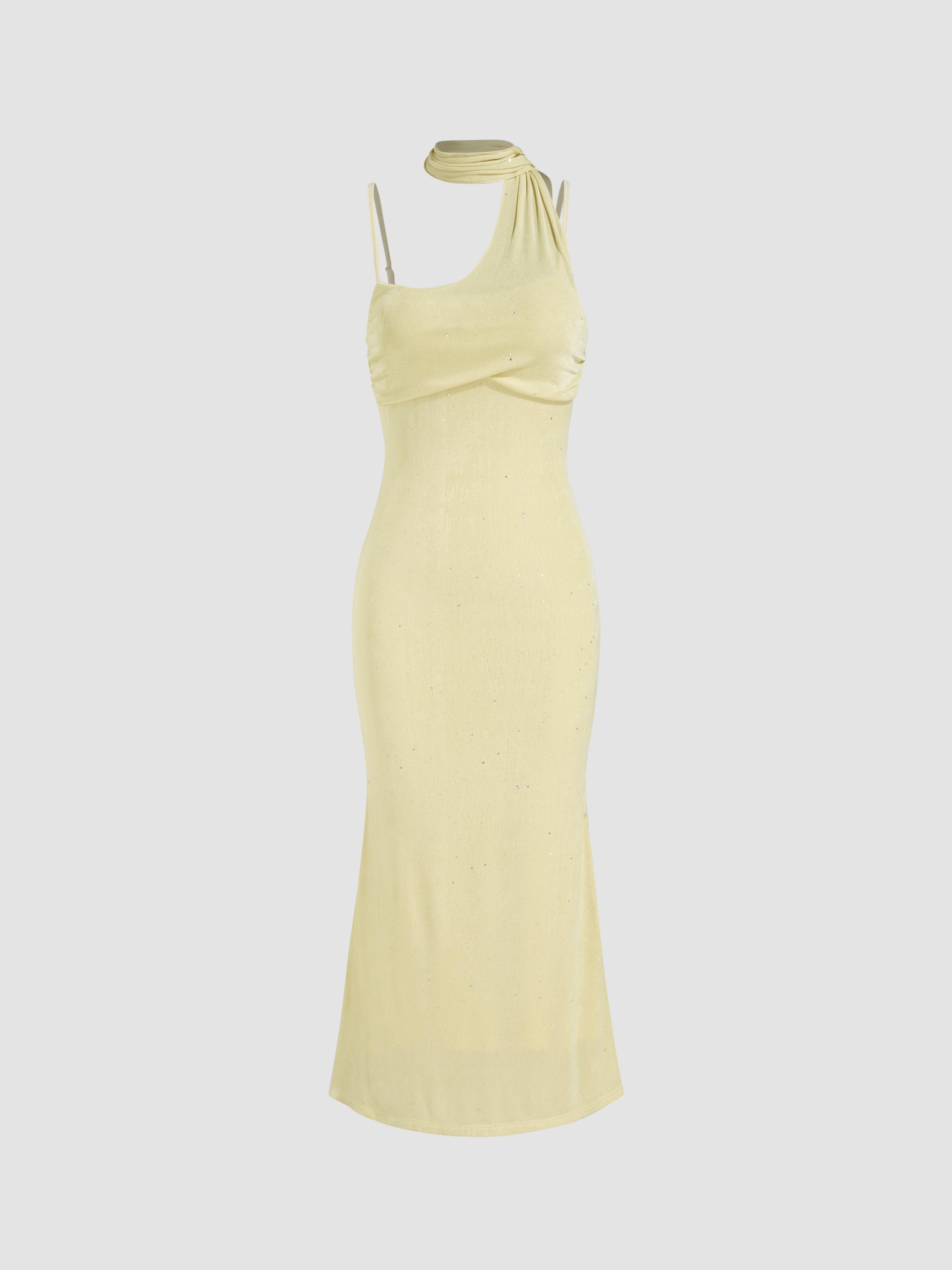 Halter Neckline Sequin Ruched Cami Maxi Dress With Scarf by CIDER