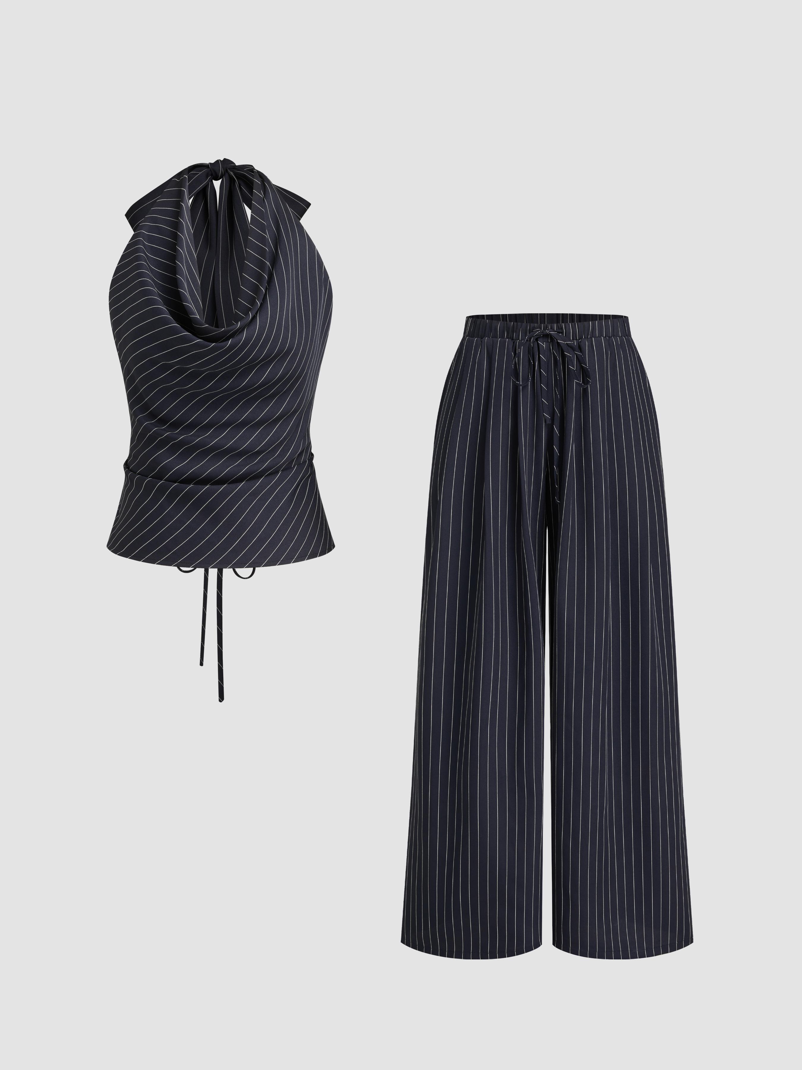 Halter Neckline Stripe Knotted Top & Mid Rise Straight Leg Trousers Set by CIDER