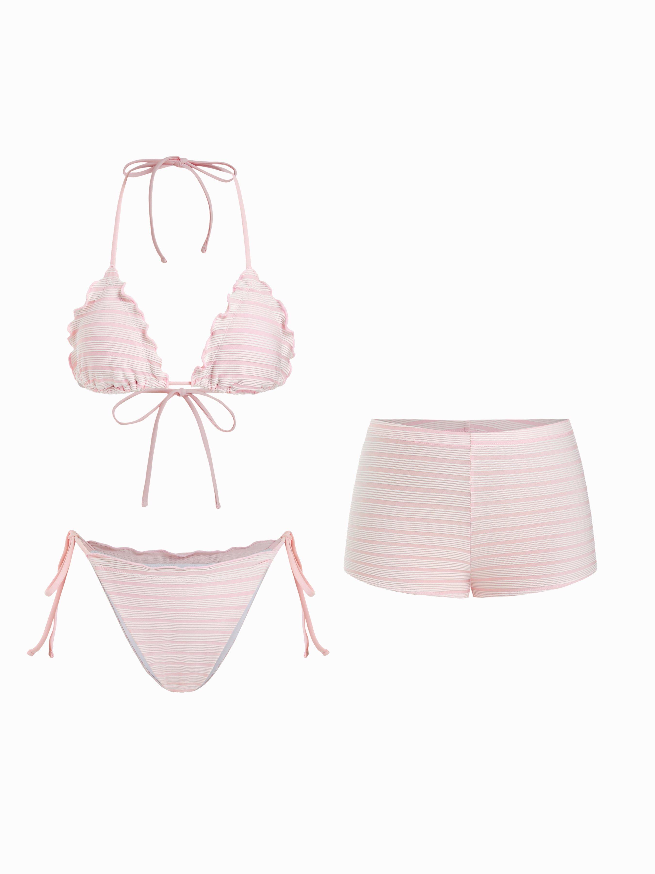 Halter Neckline Stripe Lettuce Trim Triangle Shorts 3 Piece Bikini Set by CIDER