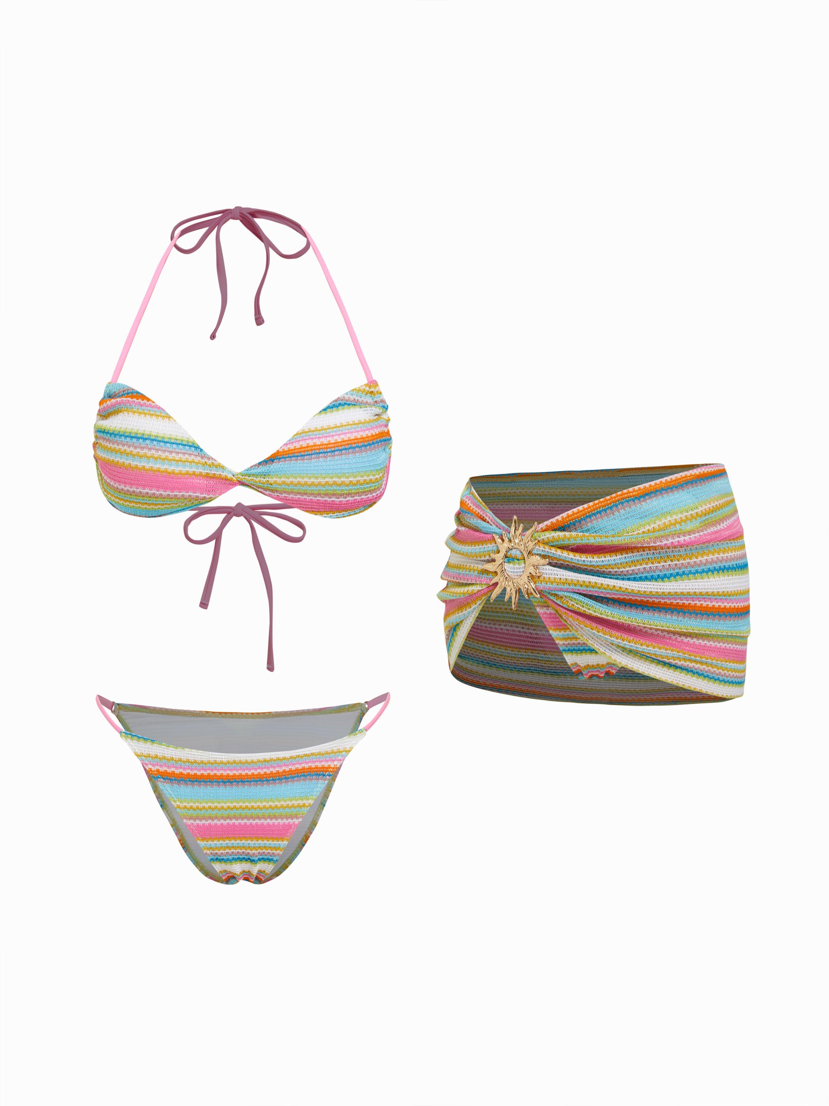 Halter Neckline Striped Bracelet Top & Low Rise Bikini Bottom 3 Piece Bikini Set by CIDER