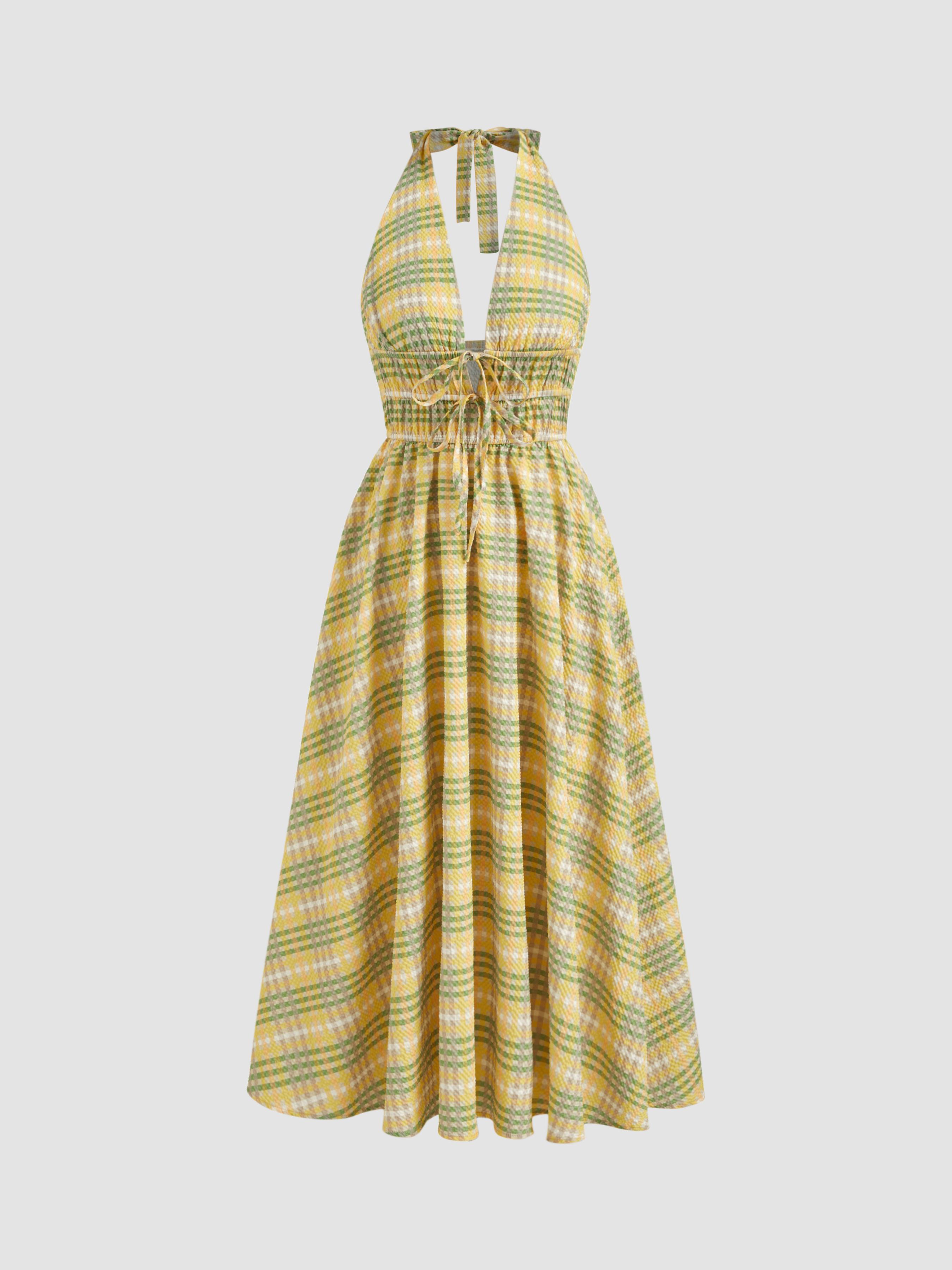 Halter Neckline Tartan Shirred Knotted Midi Dress by CIDER