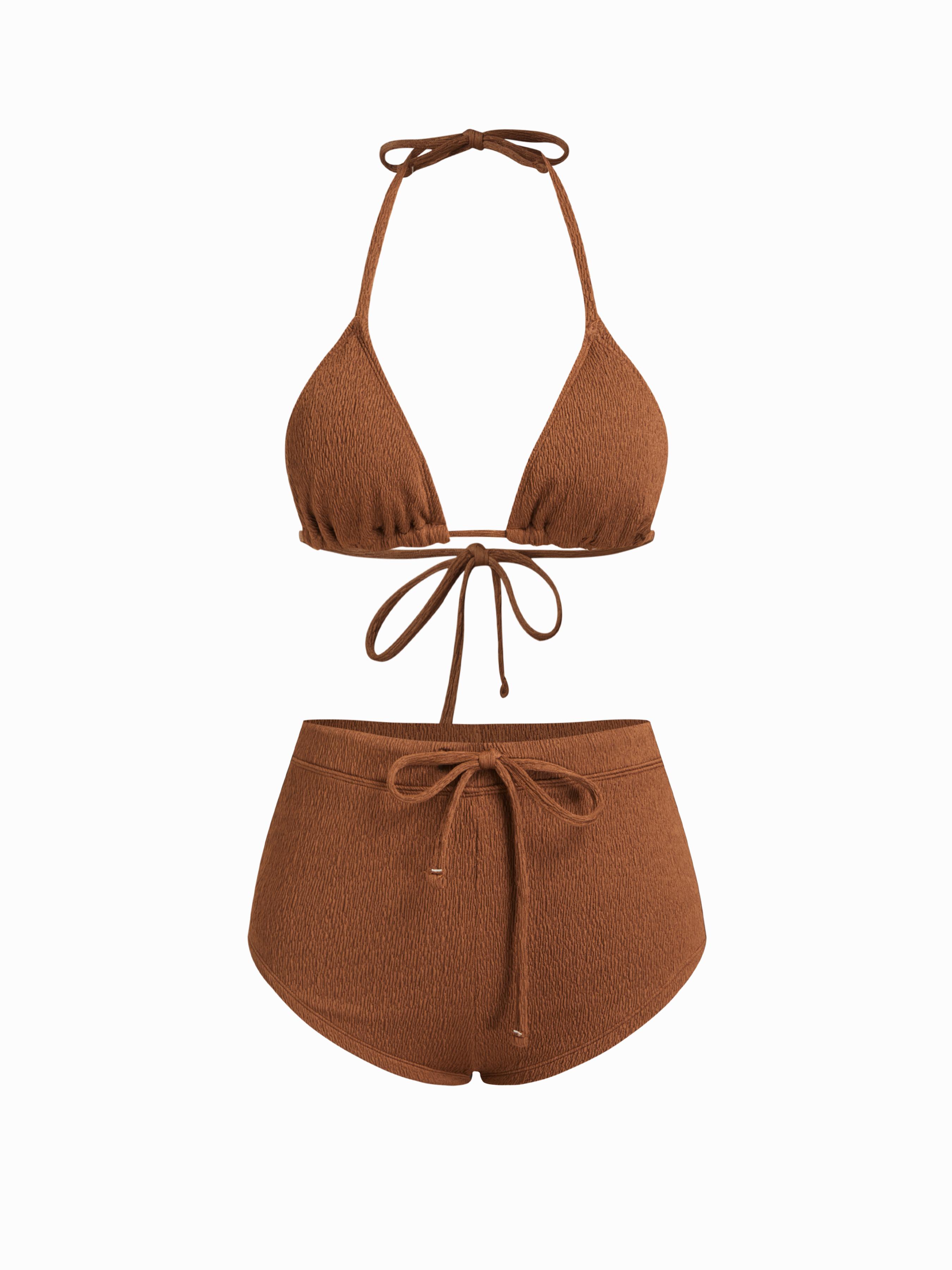 Halter Neckline Texture Drawstring Shorts Bikini Set by CIDER
