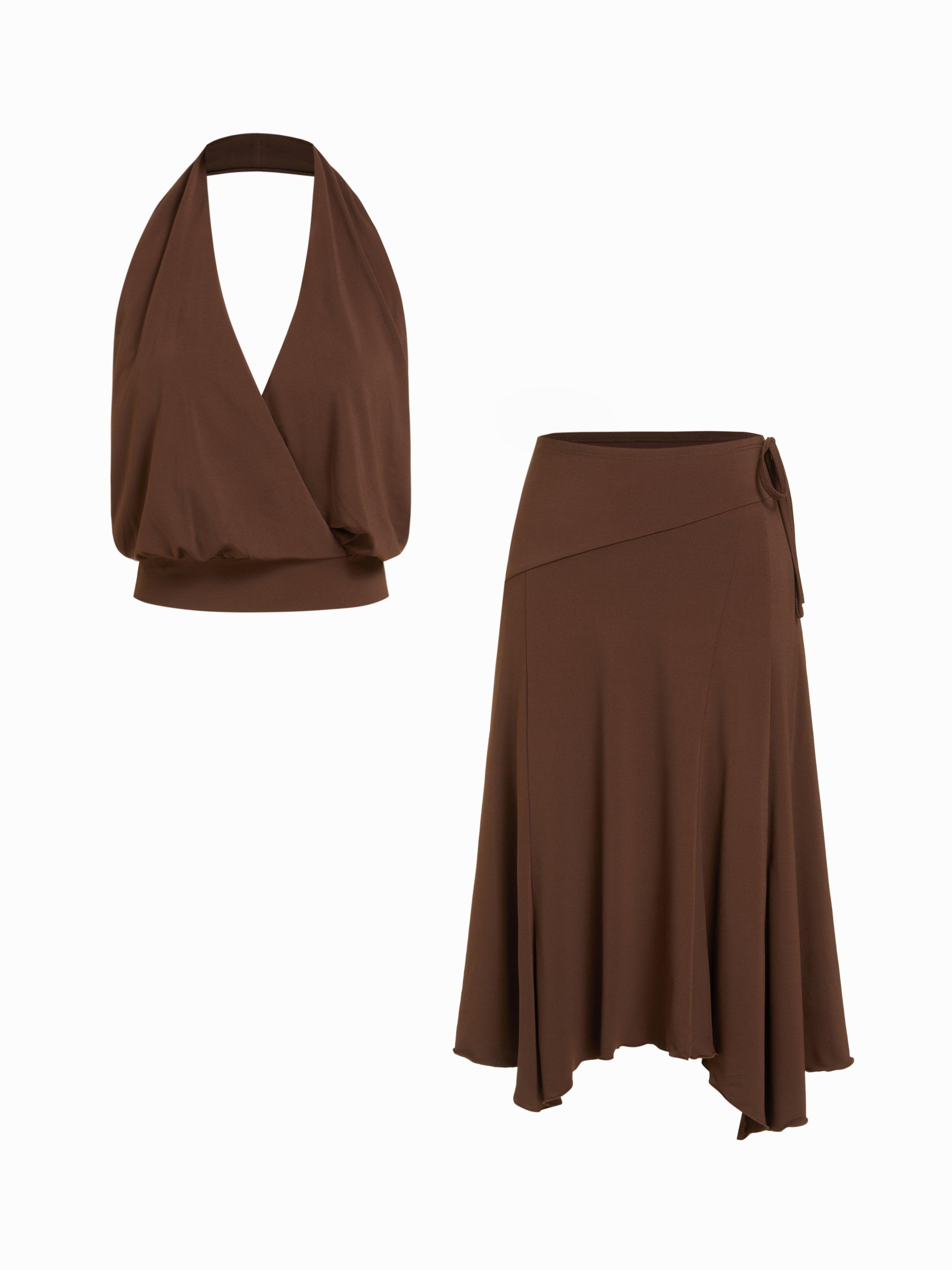 Halter Neckline Top & Low Rise Asymmetrical Hem Flared Midi Skirt Set by CIDER