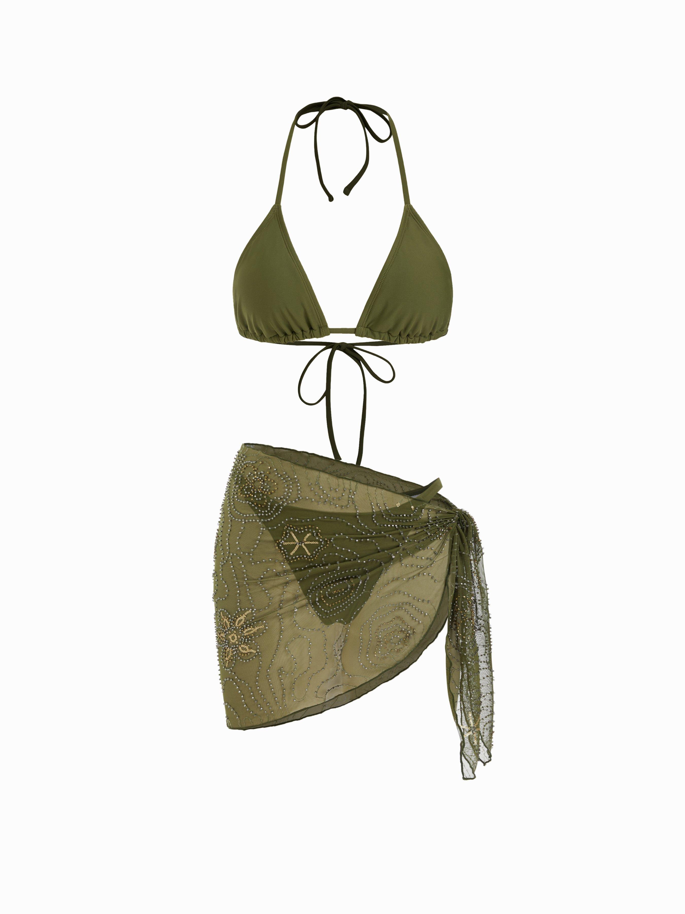 Halter Neckline Triangle Bikini Set With Sequin & Bead Detail Sarong by CIDER