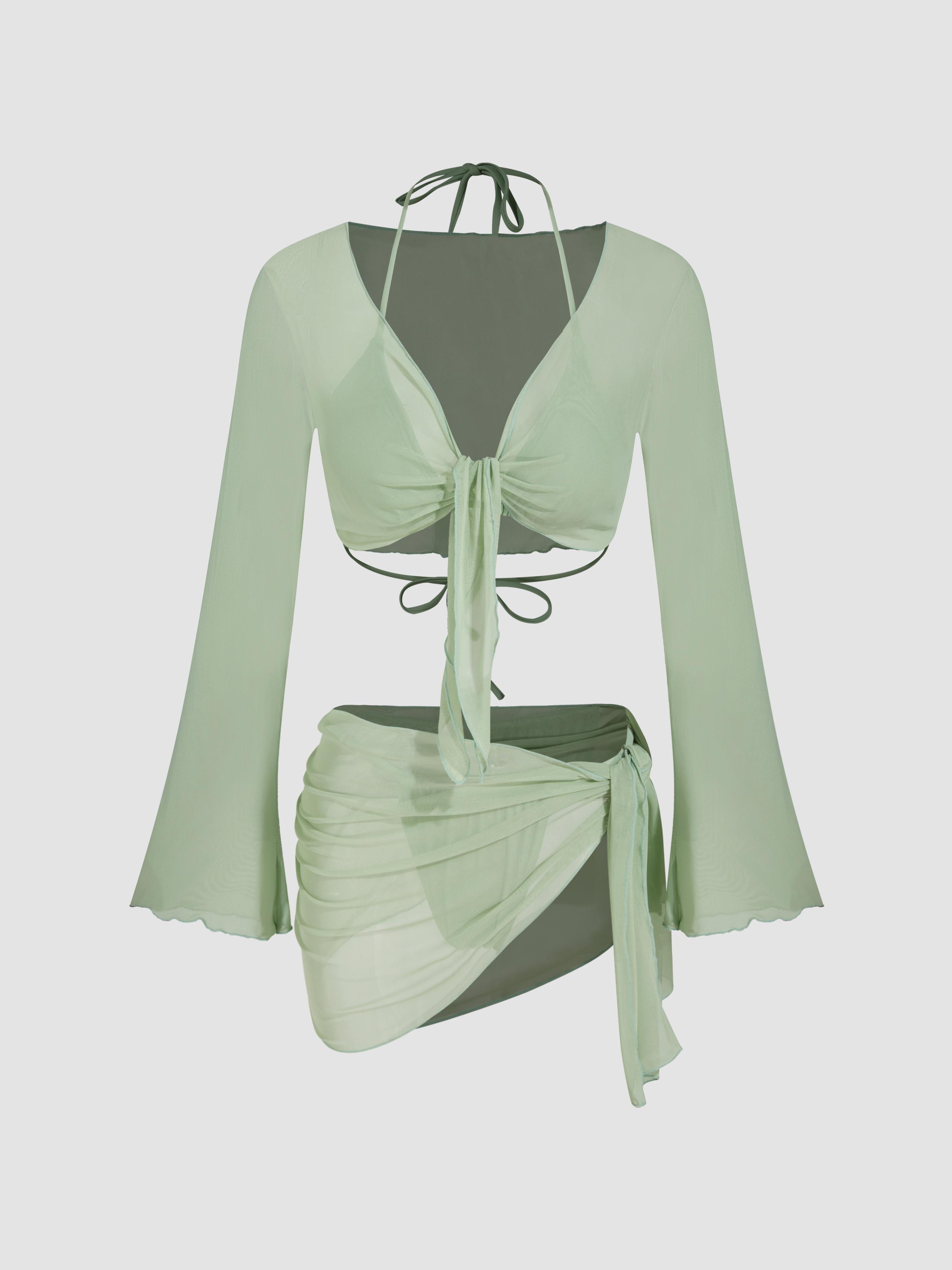 Halter Neckline Triangle Bikinis Bikini Set With Mesh Cover Up Set by CIDER