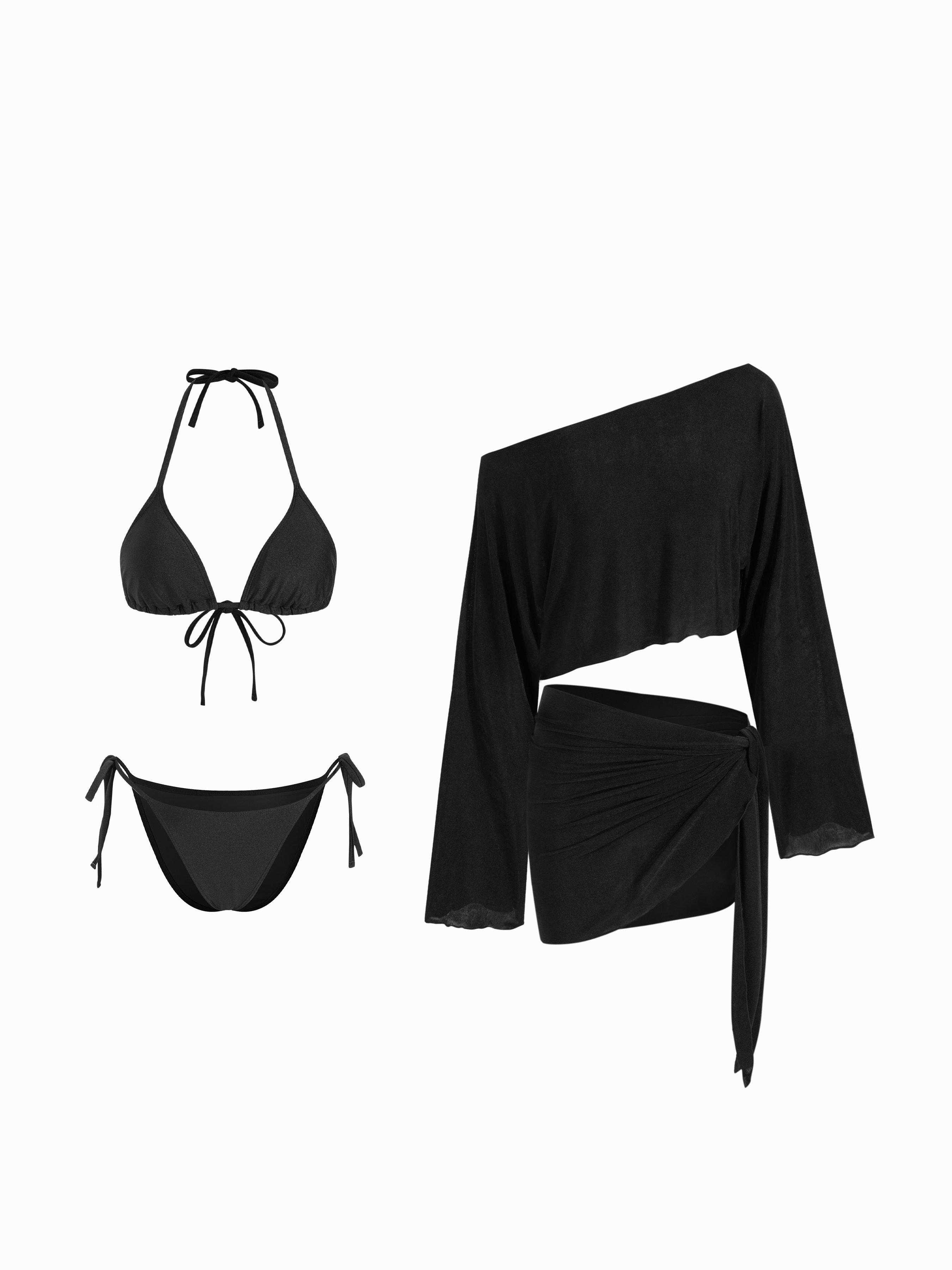 Halter Neckline Triangle Tie Side Bikini Set With Cover Up Set by CIDER