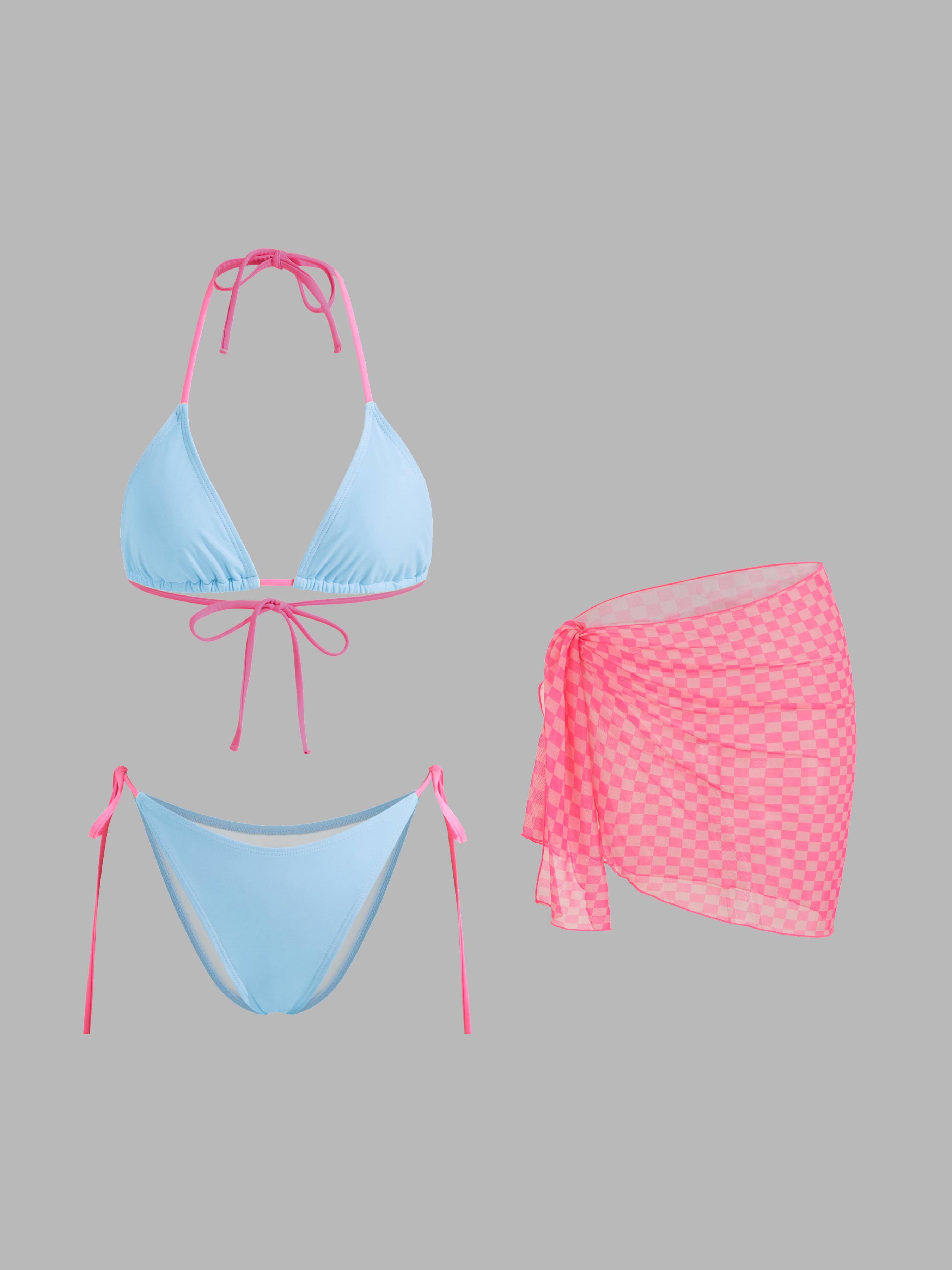 Halter Neckline Triangle Tie Side Bikini Set With Gingham Sarong by CIDER