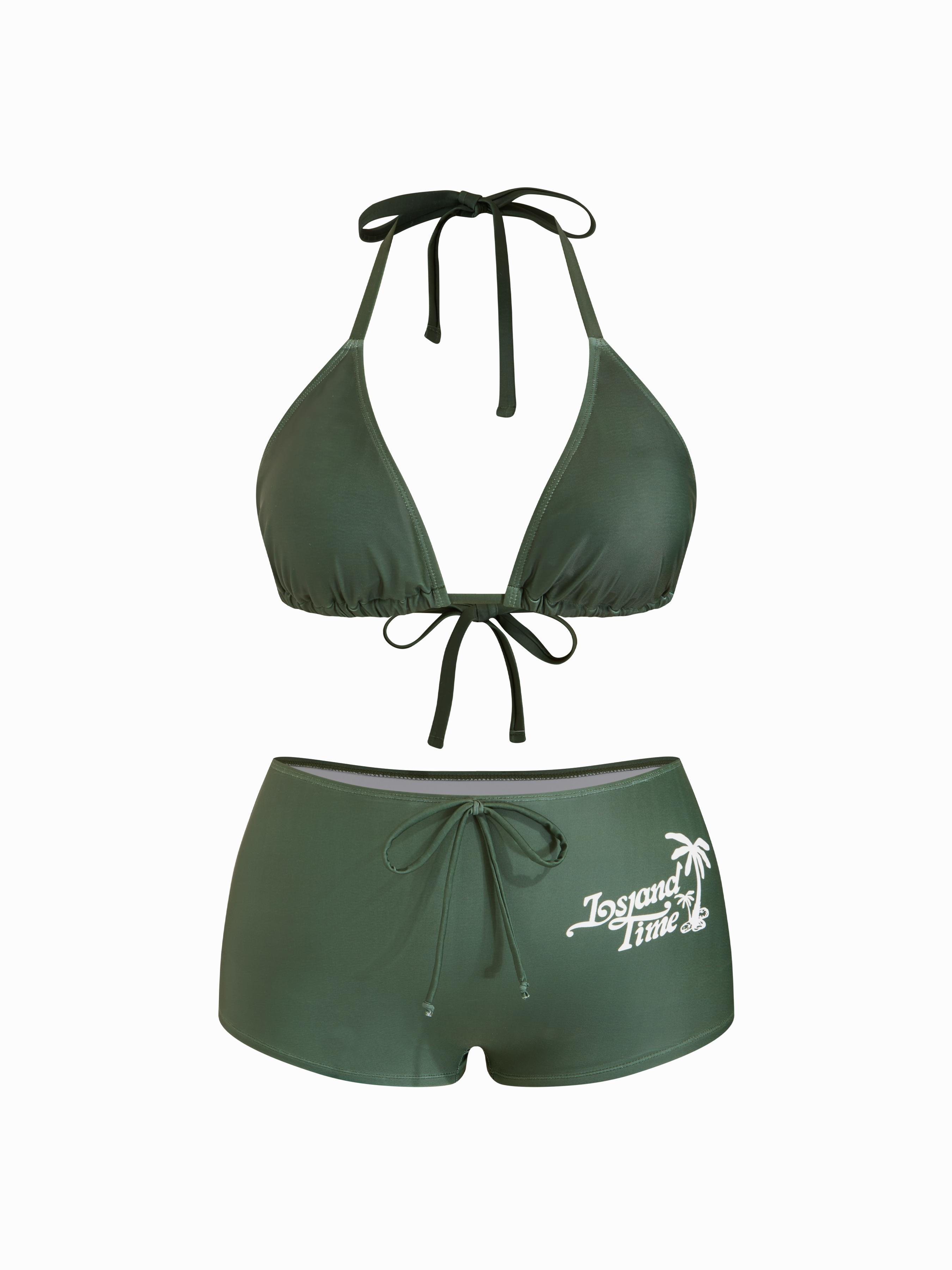 Halter Neckline Triangle Top & Mid Rise Letter & Tropical Graphic Shorts Bikini Set Curve & Plus by CIDER