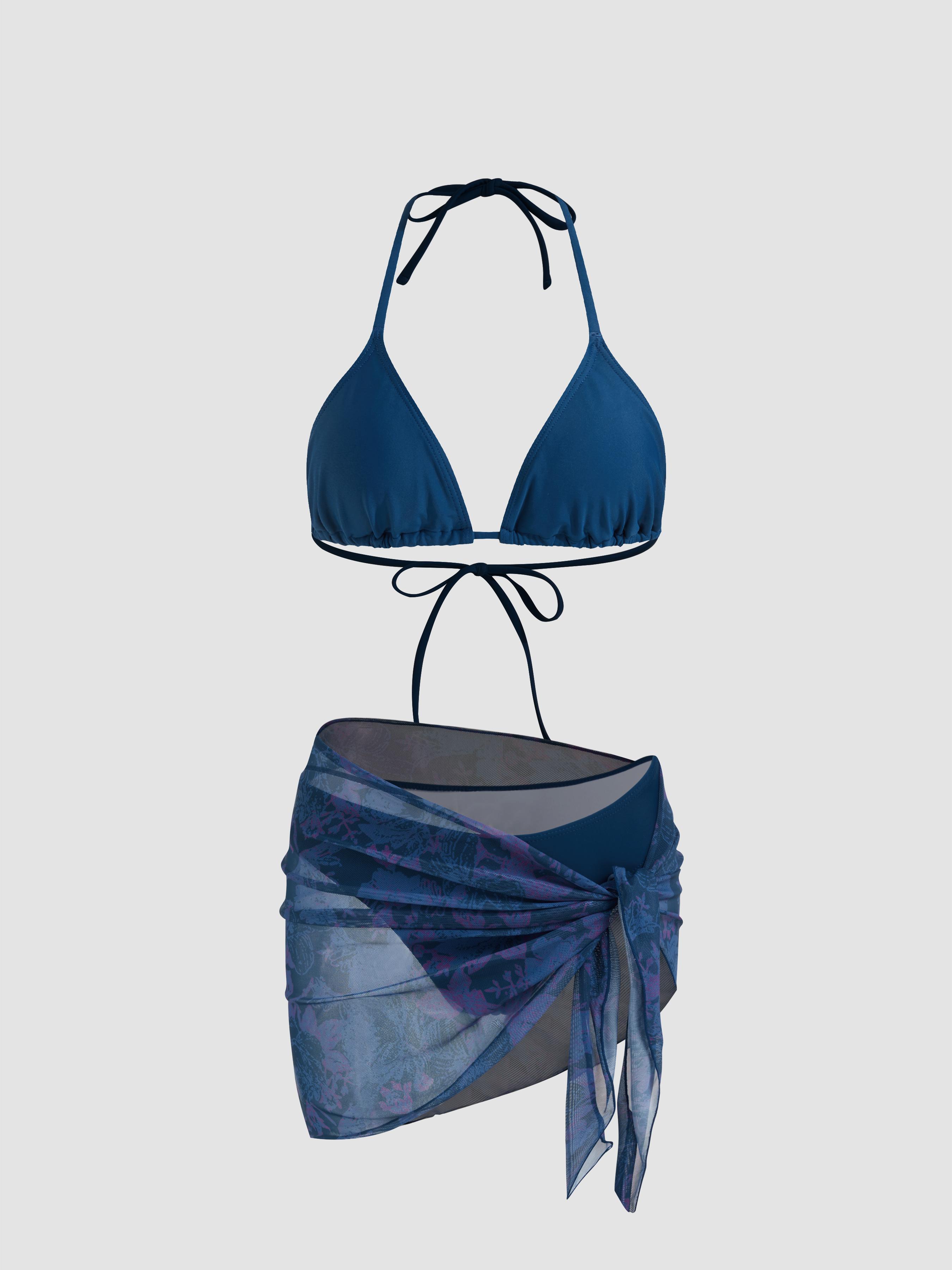Halter Triangle Bikini Set With Floral Sarong by CIDER