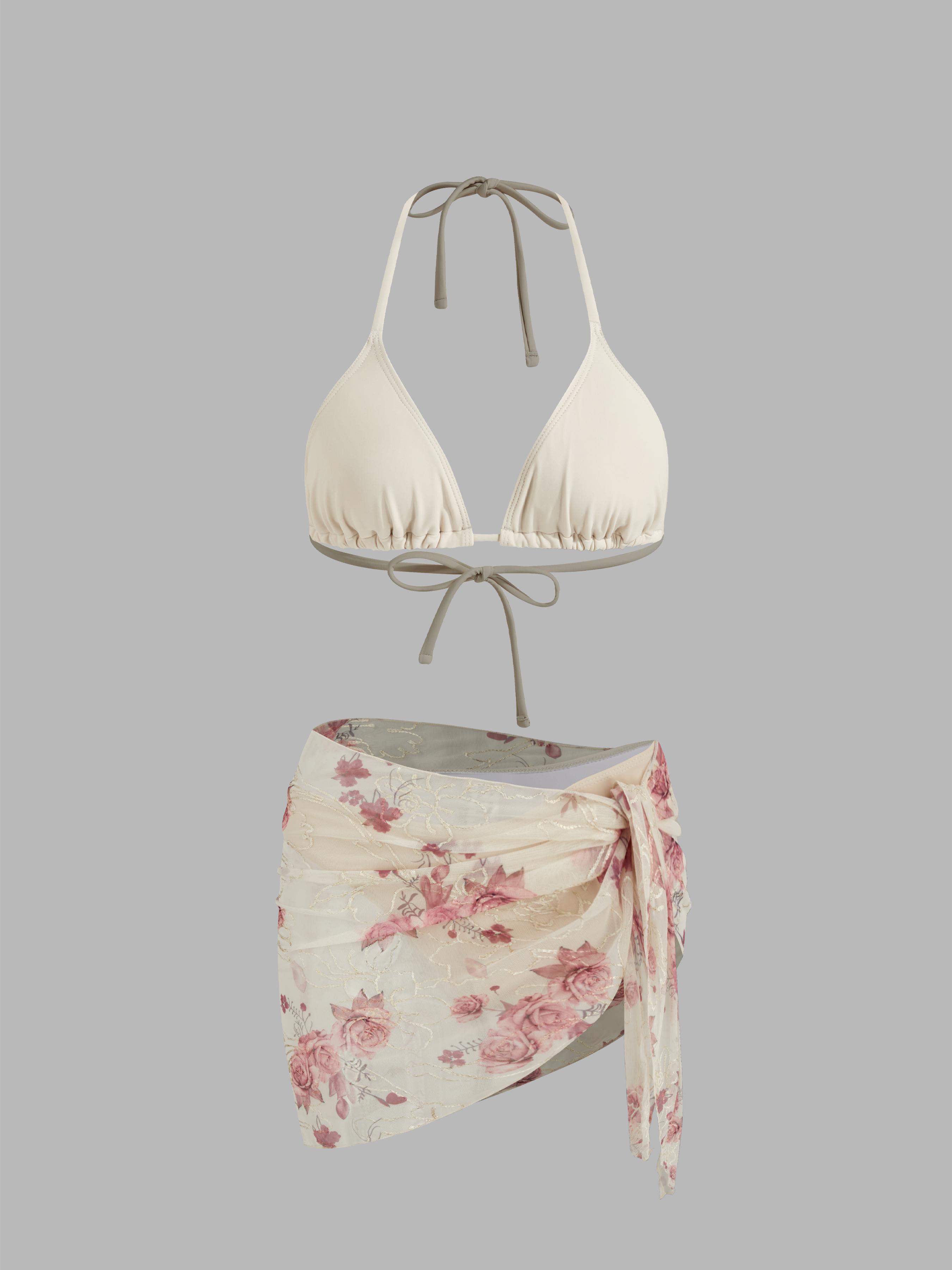 Halter Triangle Bikini Set With Floral Sarong by CIDER