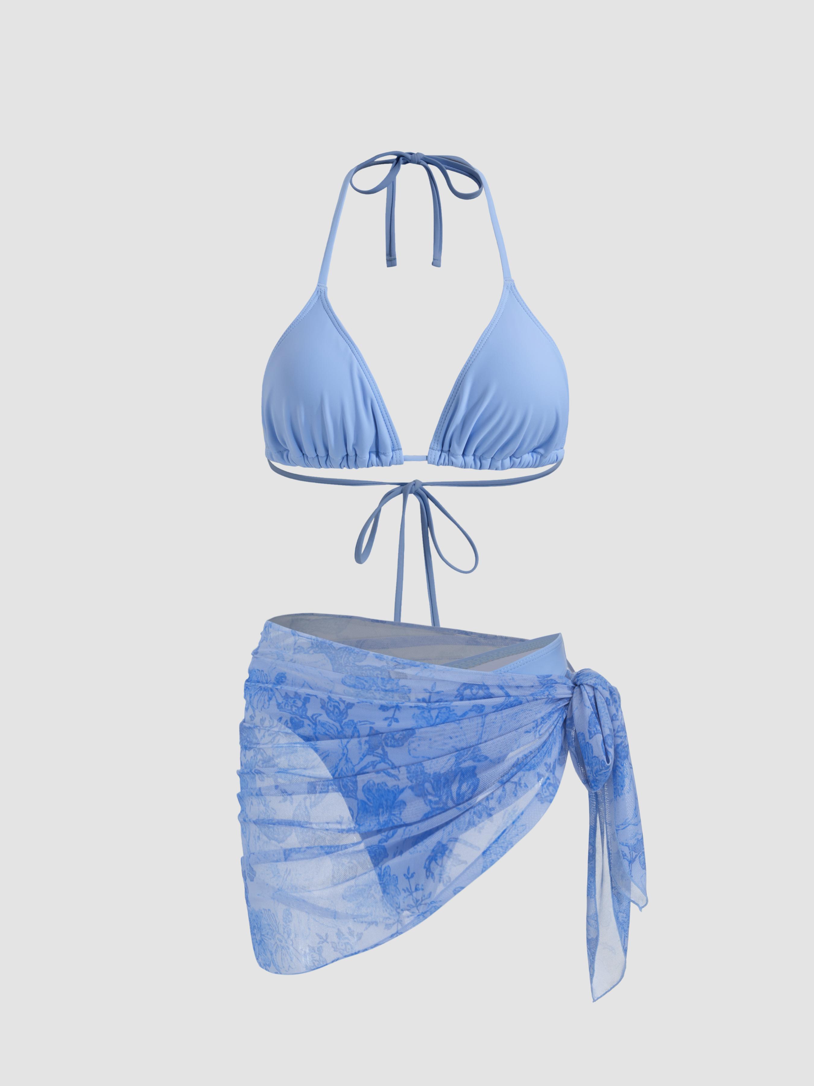 Halter Triangle Bikini Set With Floral Sarong by CIDER
