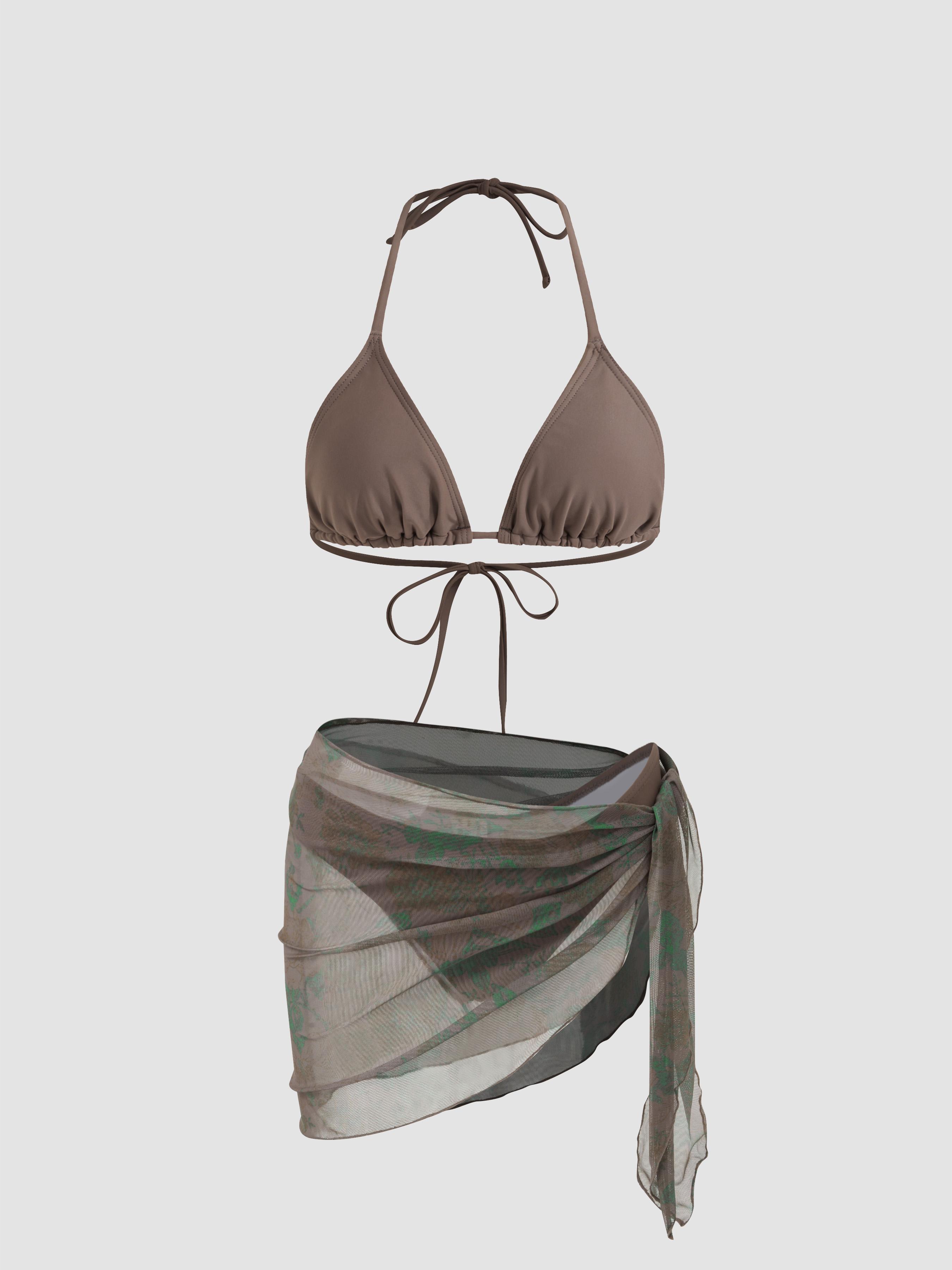 Halter Triangle Bikini Set With Floral Sarong by CIDER
