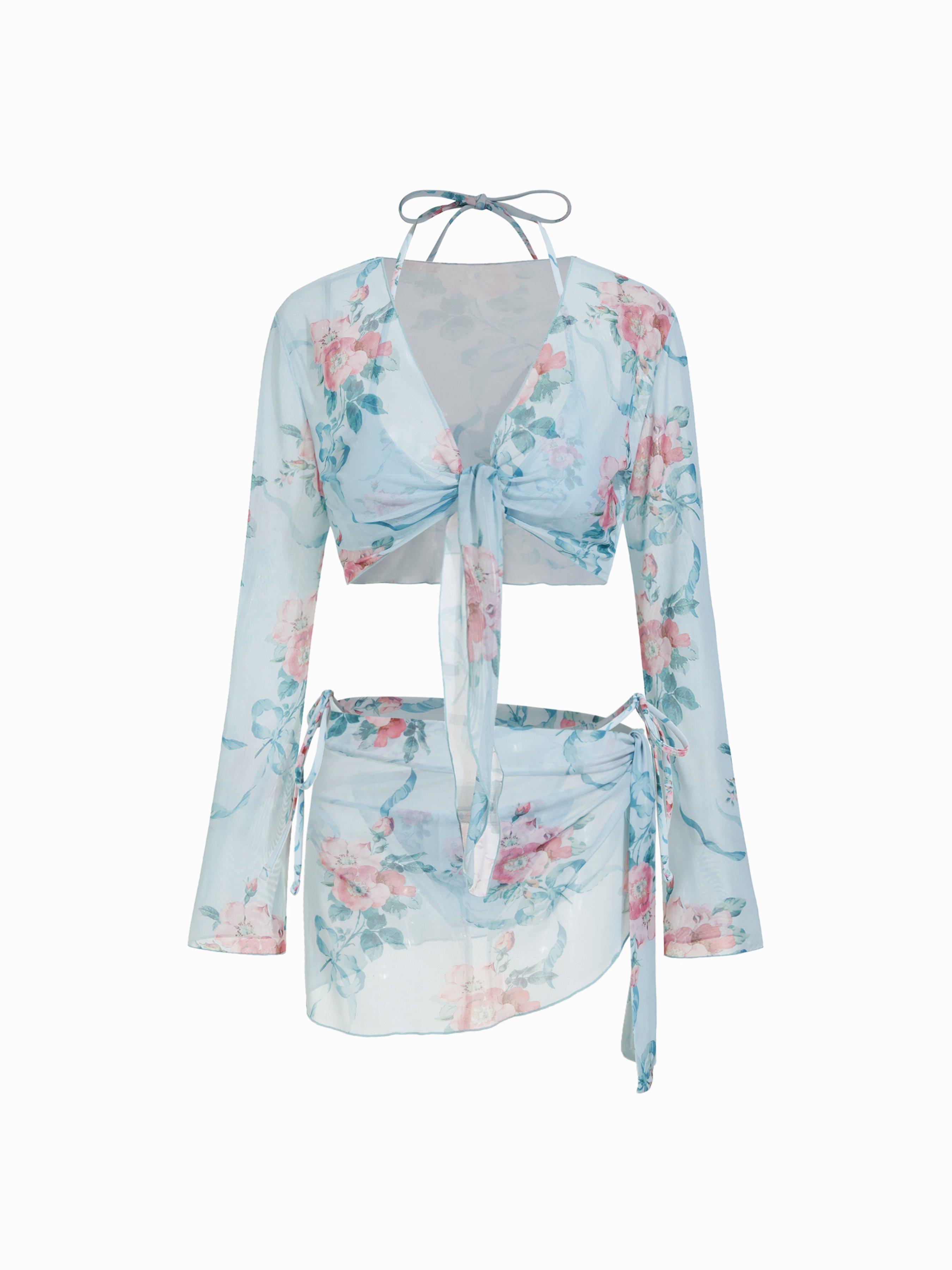 Halter V-neck Floral Tie Side Bikini Swimsuit With Cover Up Set by CIDER