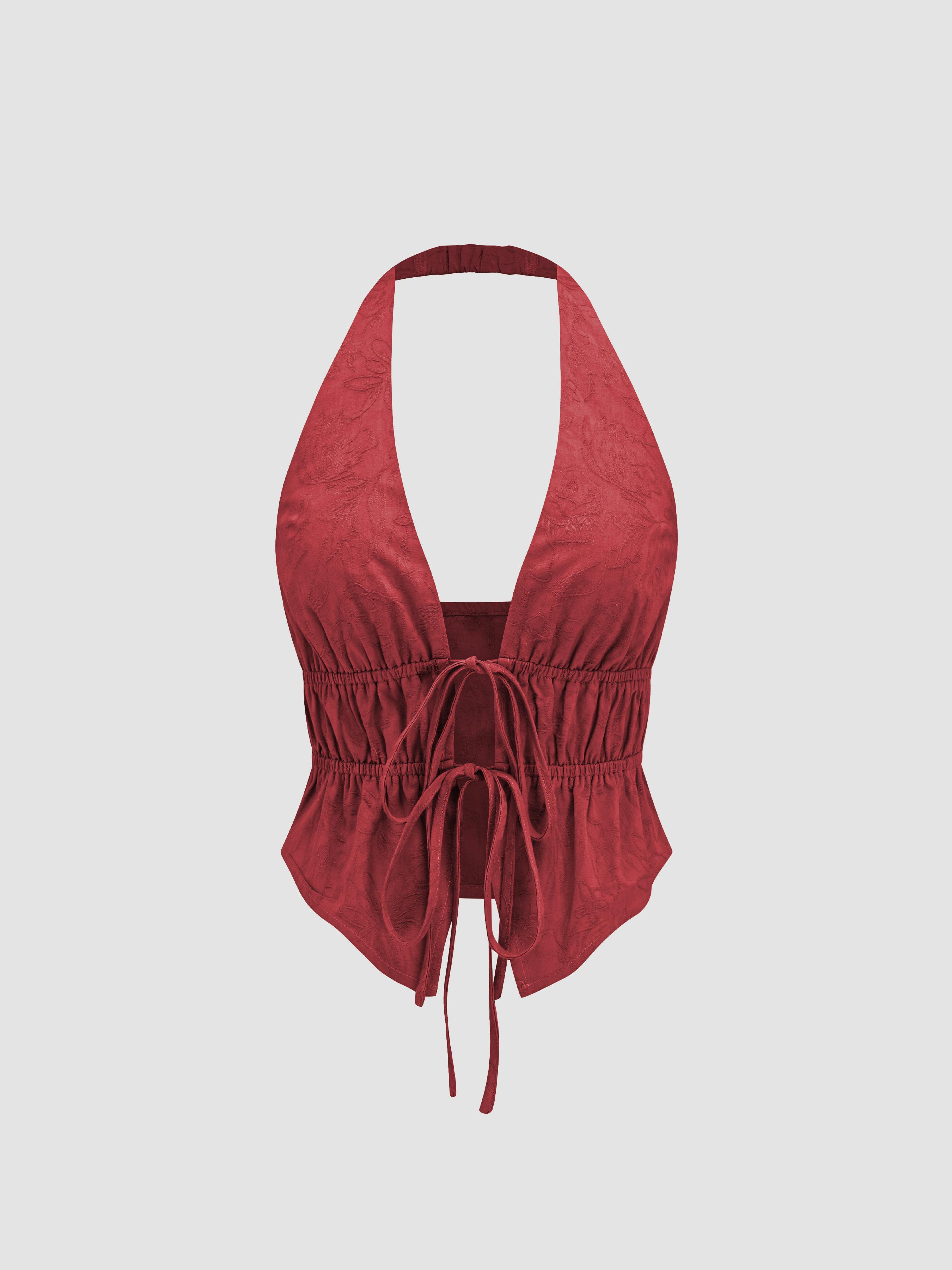 Halter V-neck Knotted Ruched Crop Top by CIDER