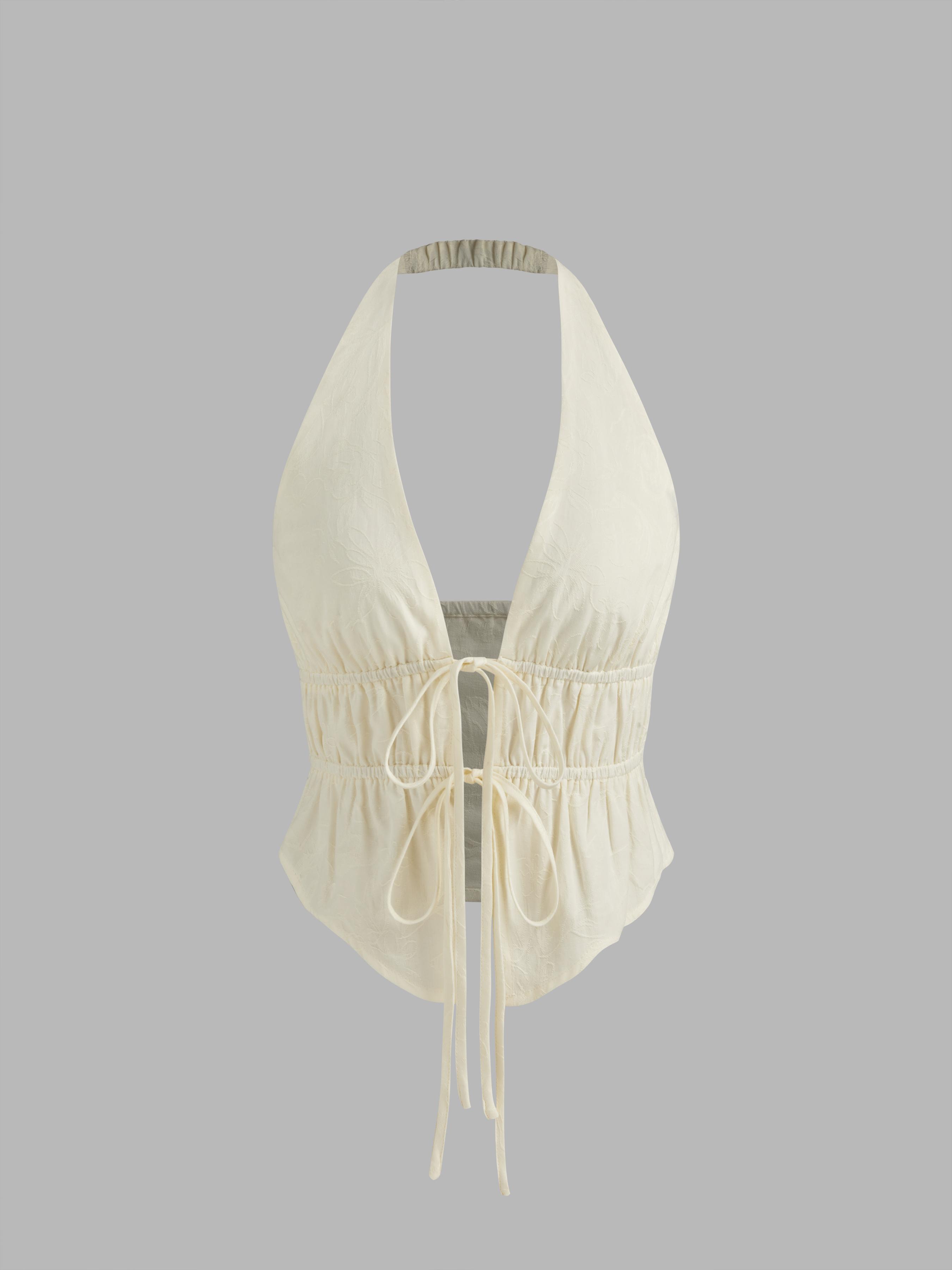 Halter V-neck Knotted Ruched Crop Top by CIDER