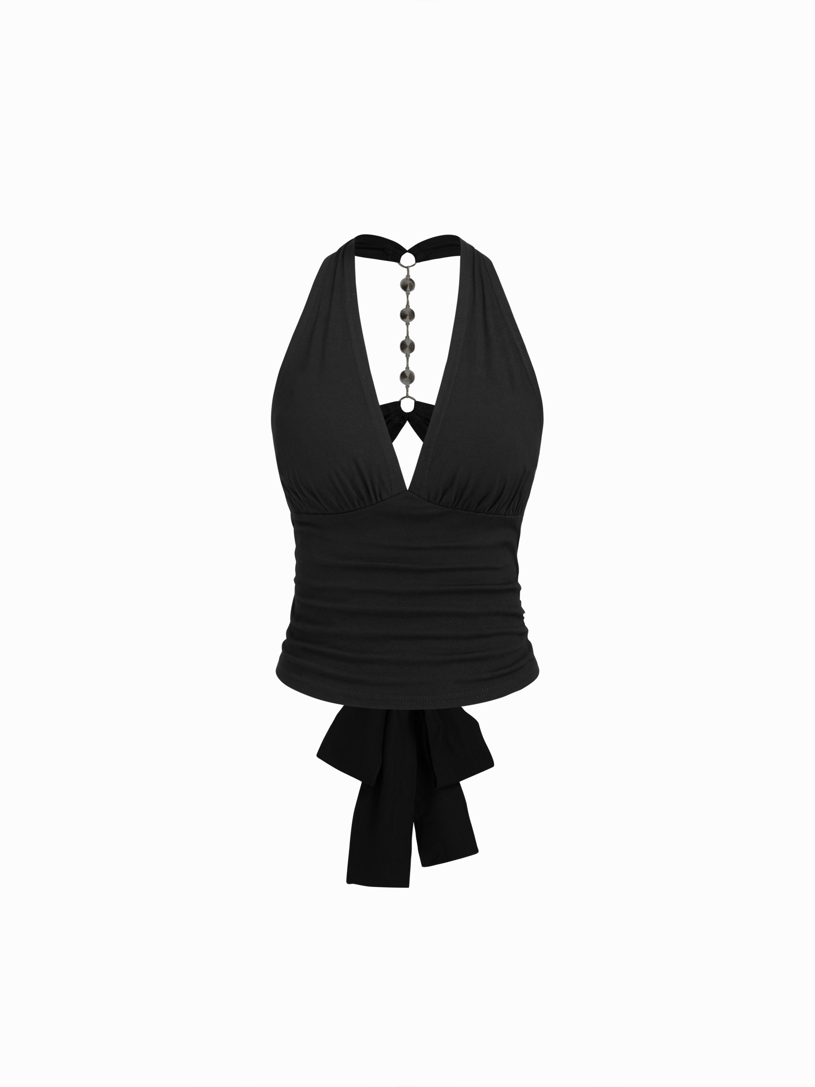 Halter V-neck Ruched Rhinestone Cut Out Tie Back Top by CIDER