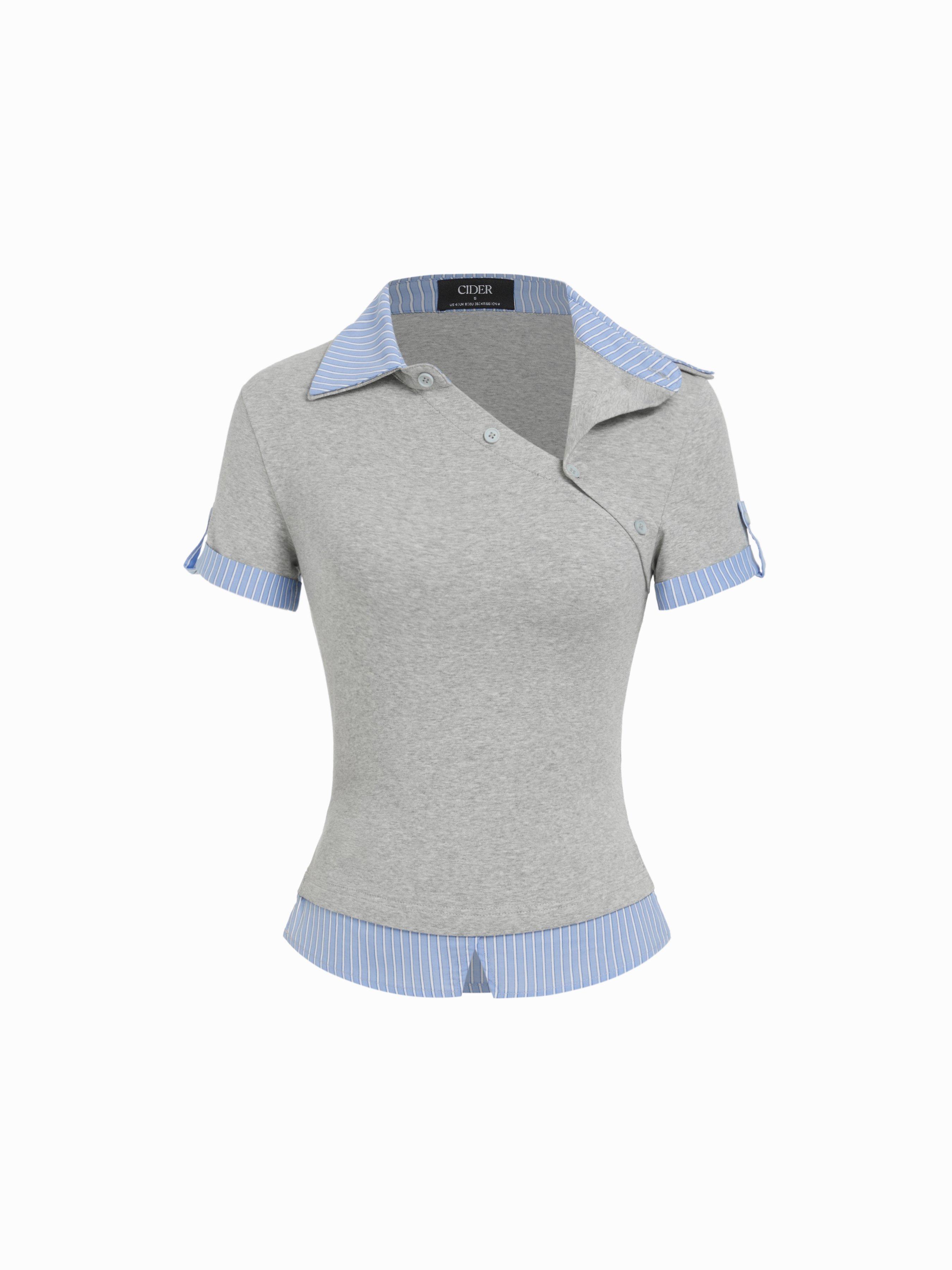 Haut court à rayures en coton, col polo asymétrique, manches courtes by CIDER
