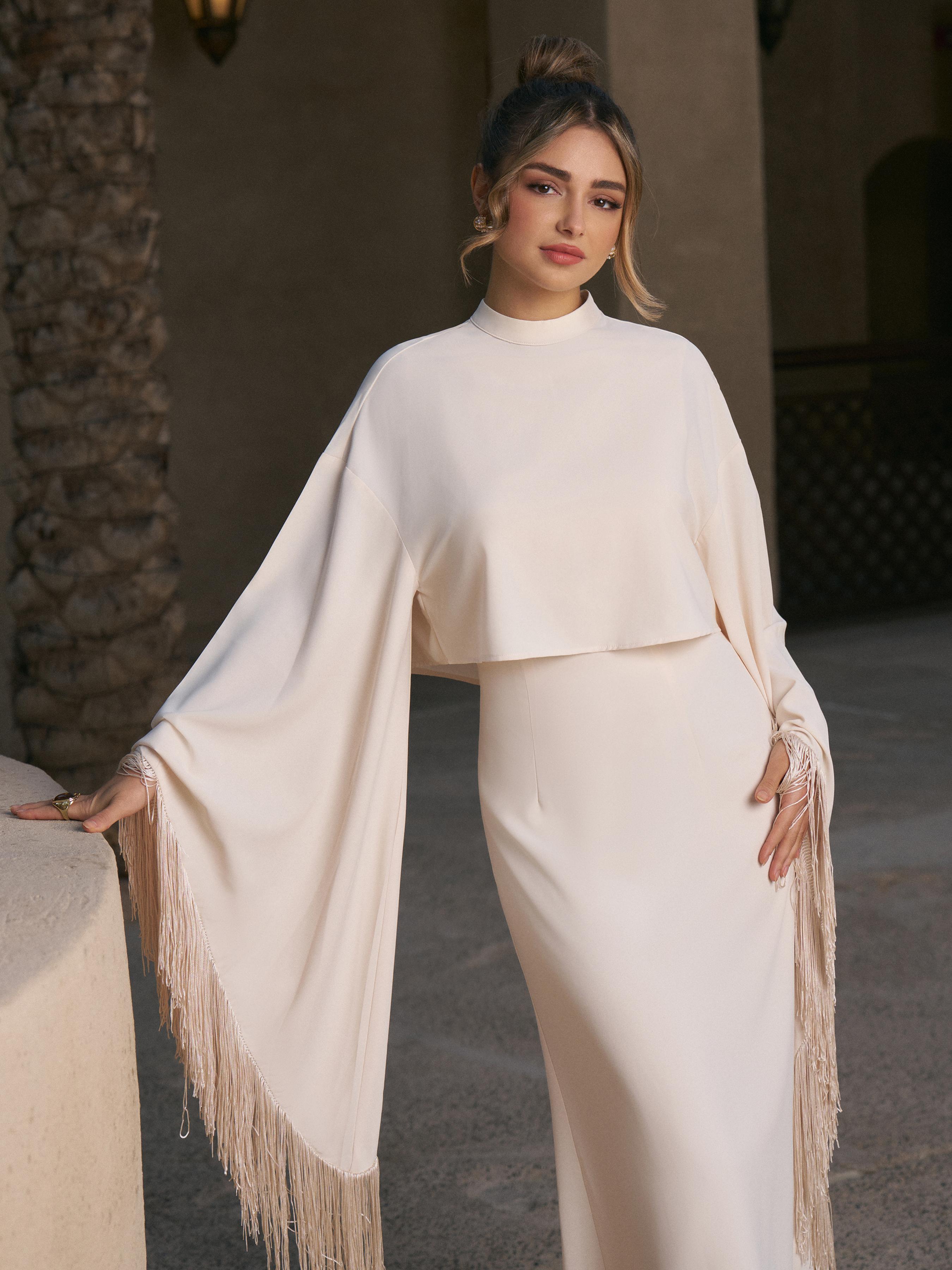 High Neck Bell Sleeve Fringed cape overlay & Midi Dress Set by CIDER