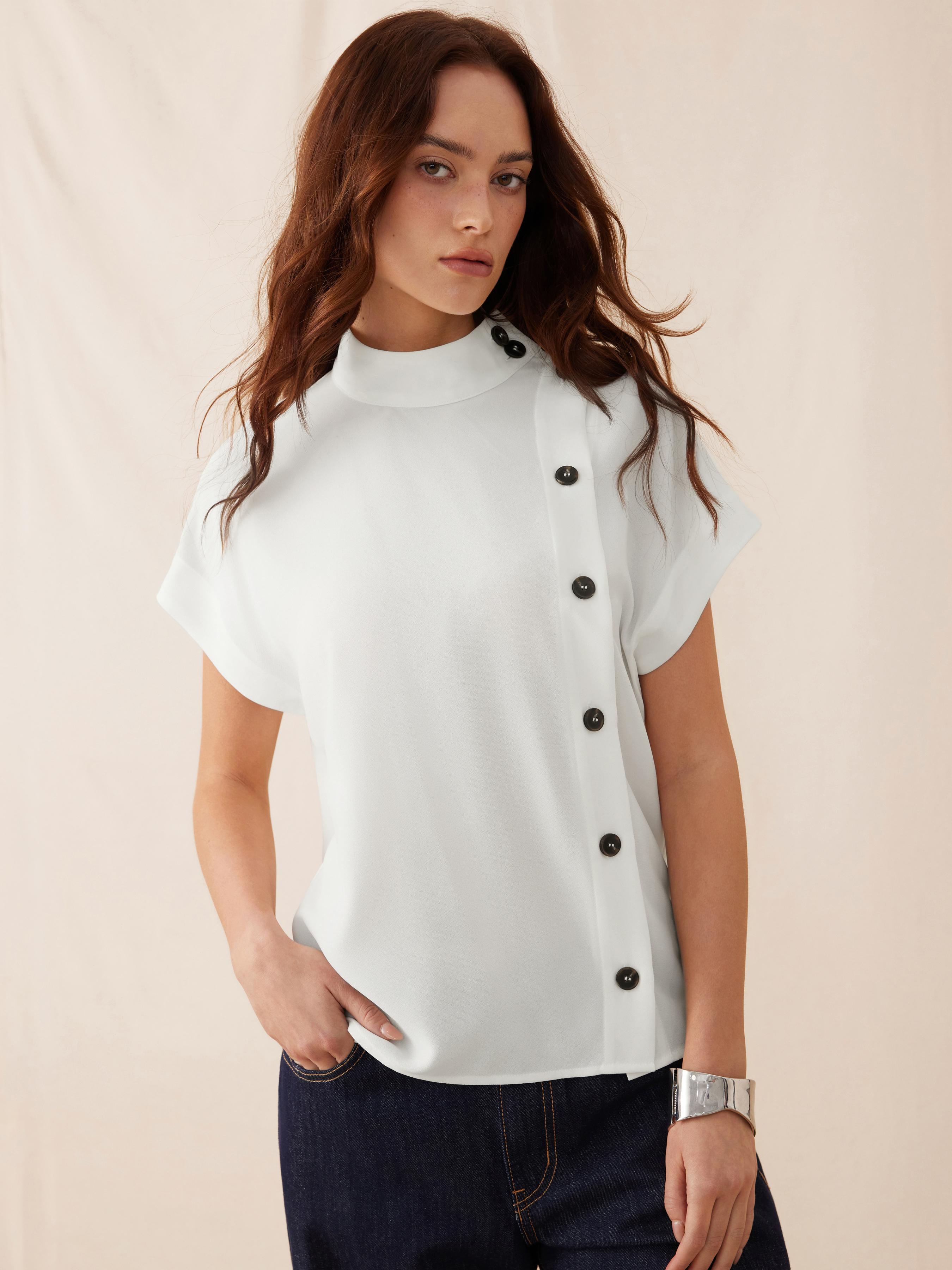 High Neck Button Detail Short Sleeve Blouse by CIDER