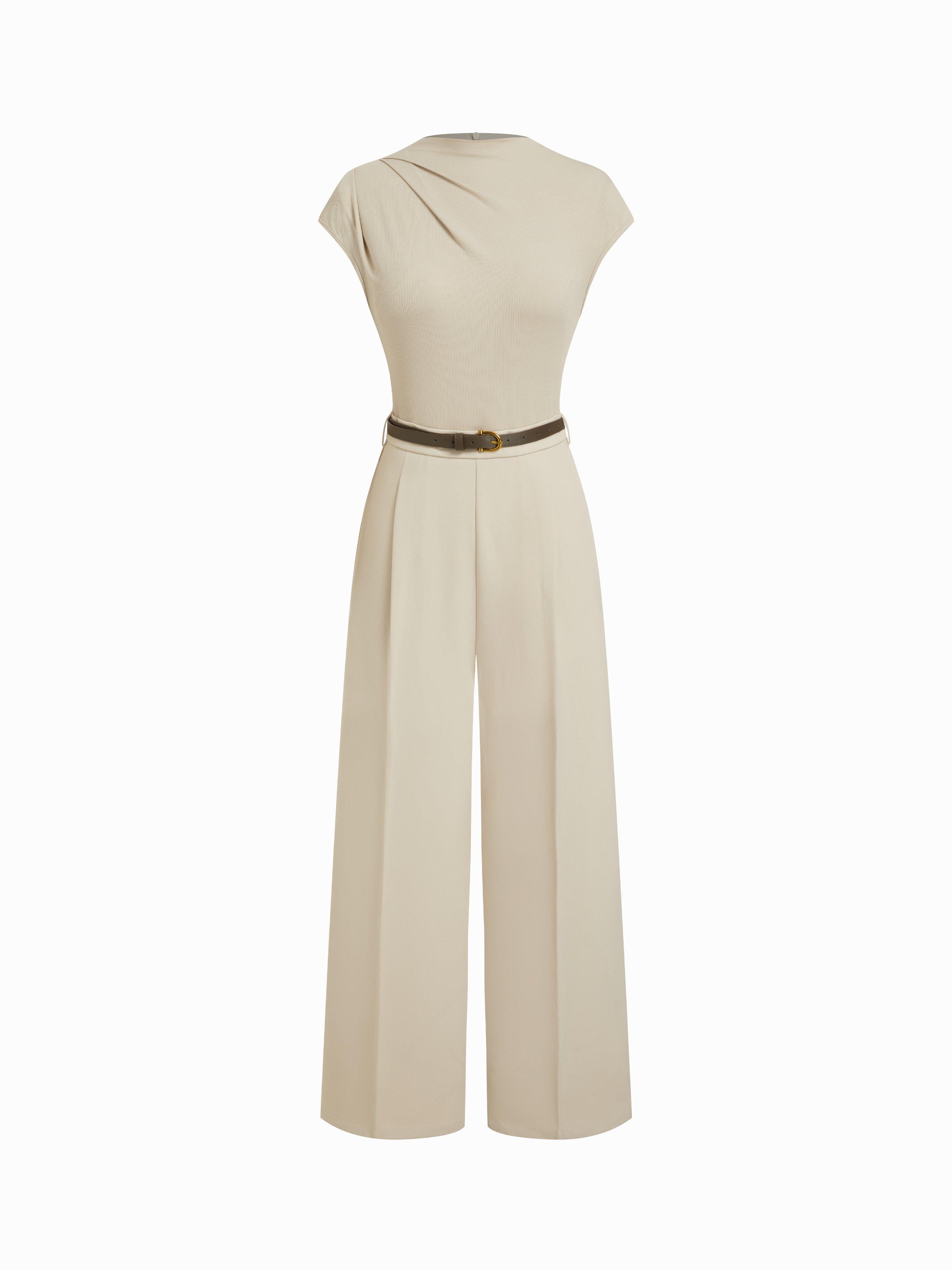 High Neck Draped Mid Rise Wide Leg Jumpsuit With Belt by CIDER