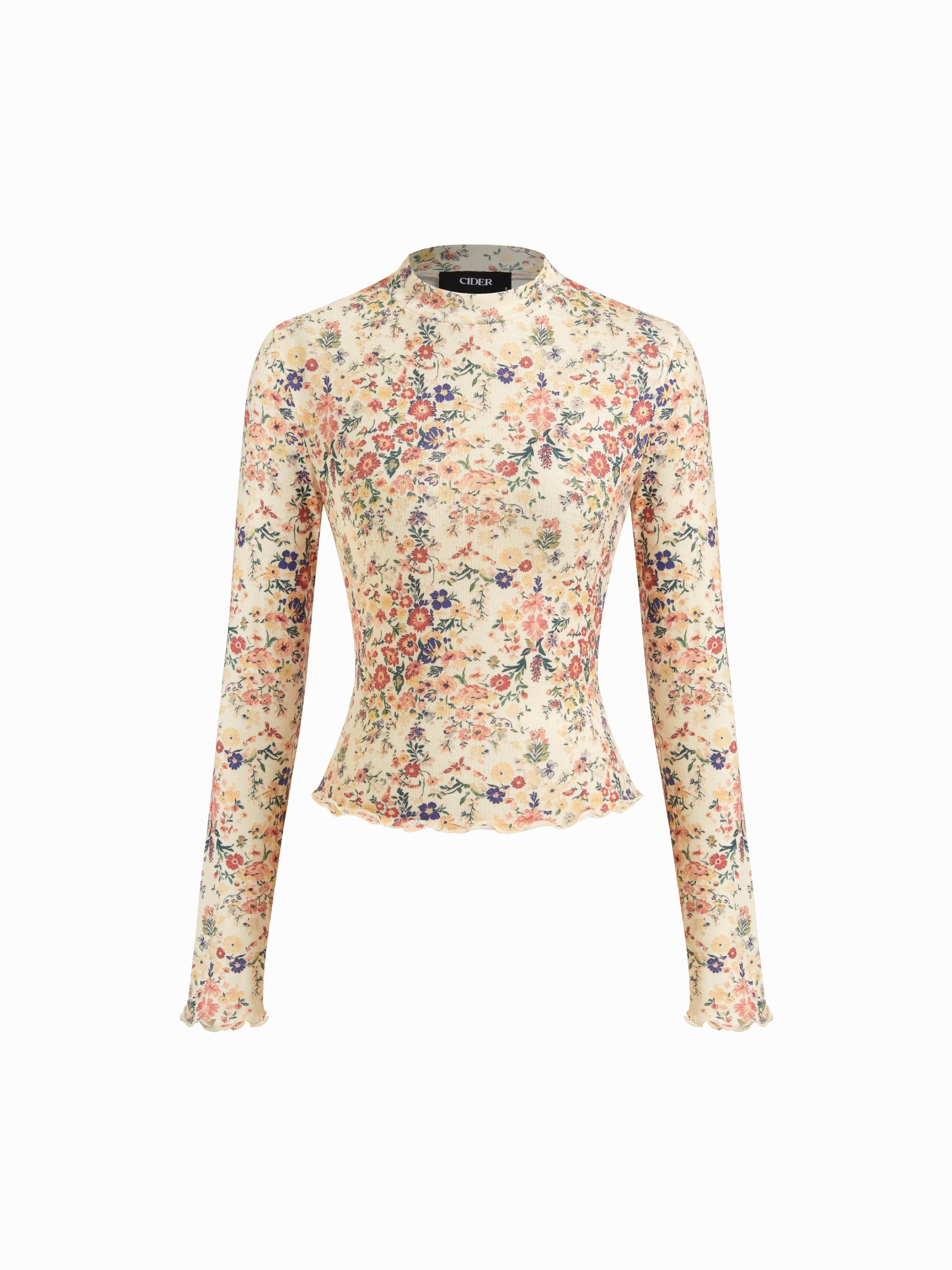 High Neck Floral Lettuce Trim Long Sleeve Top by CIDER