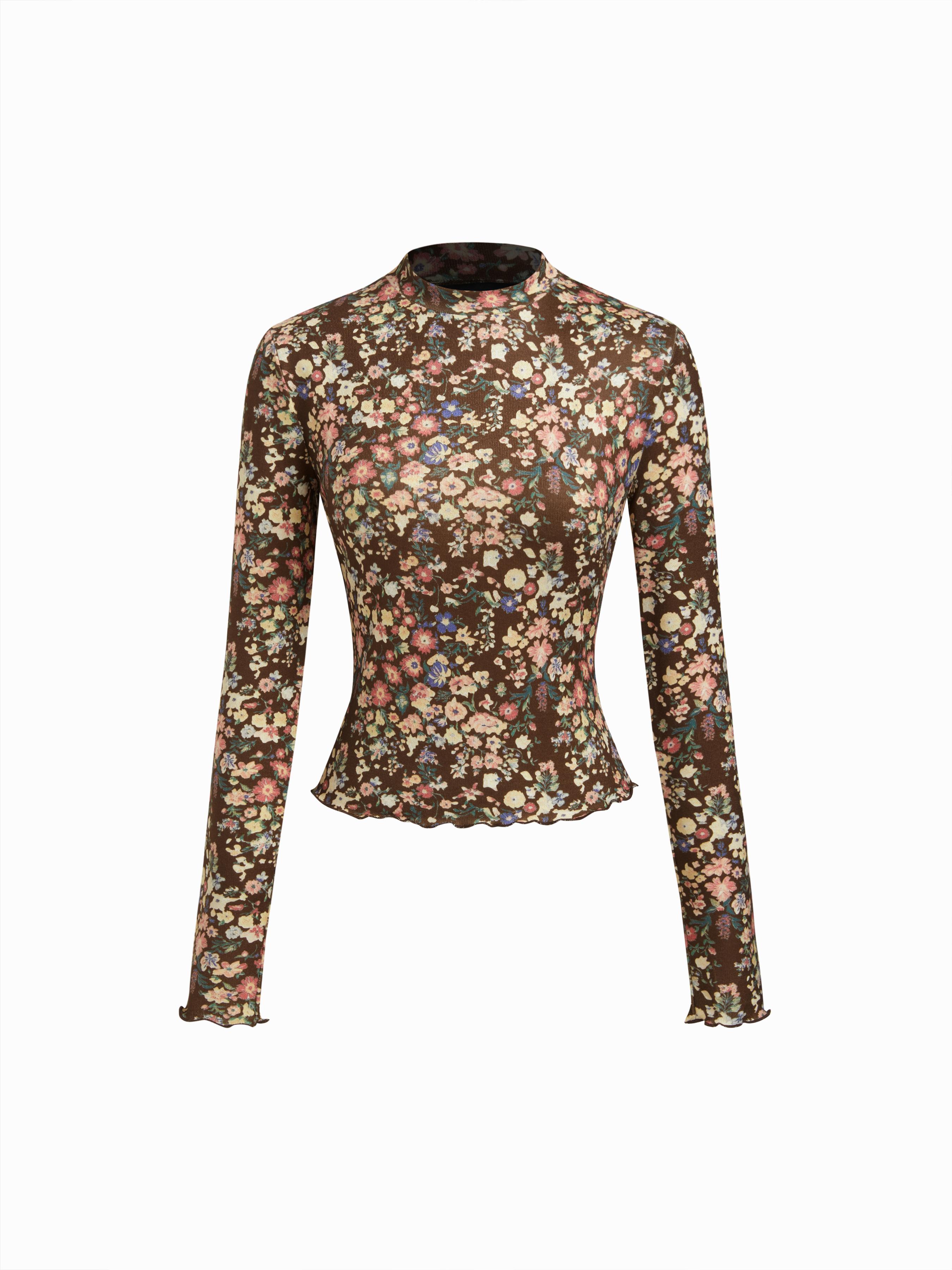 High Neck Floral Lettuce Trim Long Sleeve Top by CIDER