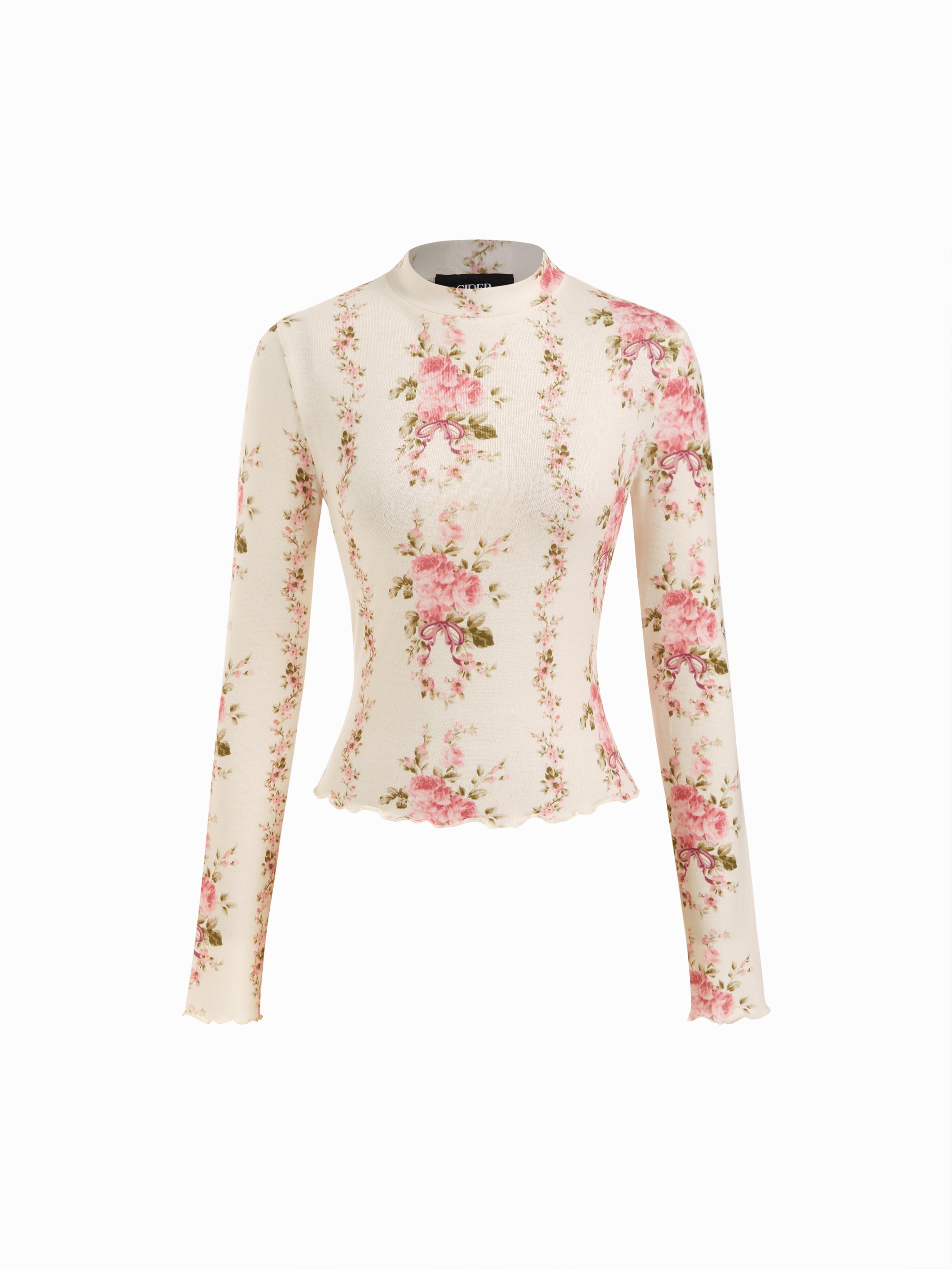 High Neck Floral Lettuce Trim Long Sleeve Top by CIDER