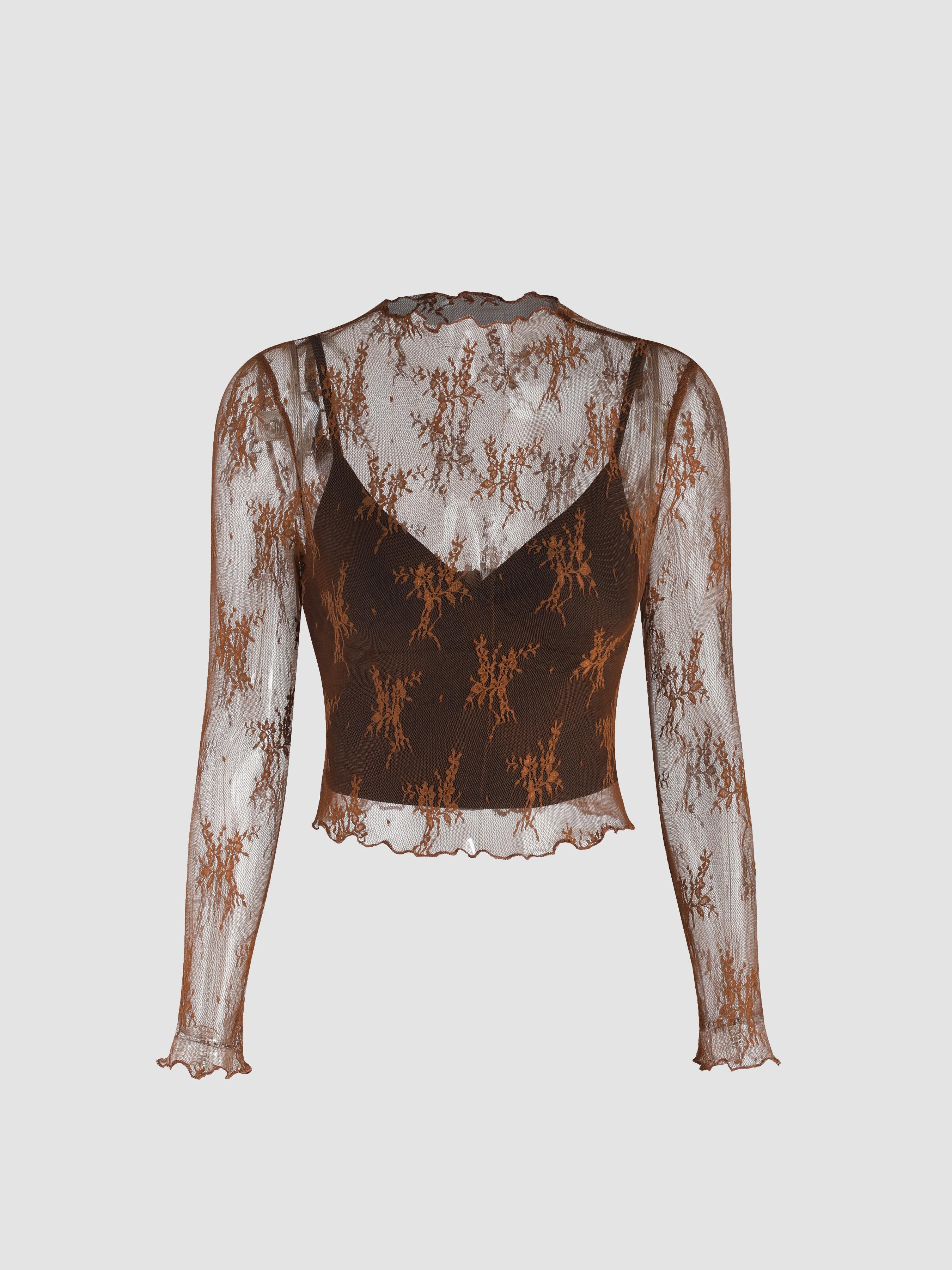High Neck Lace Floral Blouse & Solid Crop Cami Top Set by CIDER
