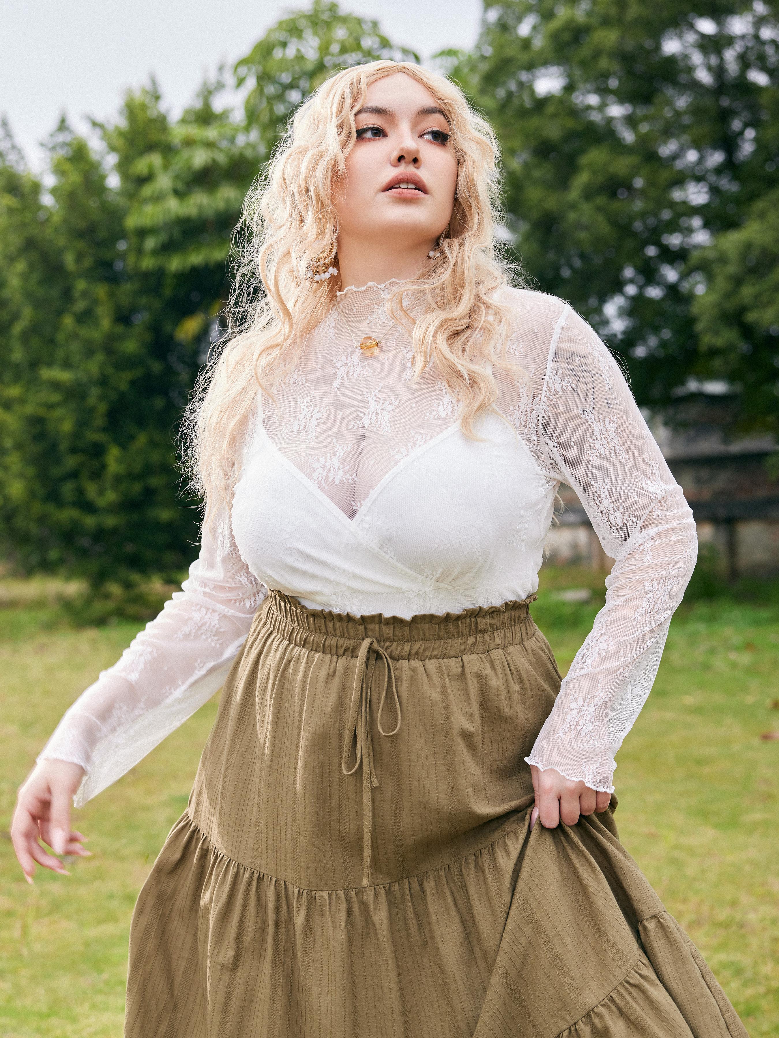 High Neck Lace Floral Blouse & Solid Crop Cami Top Set Curve & Plus by CIDER